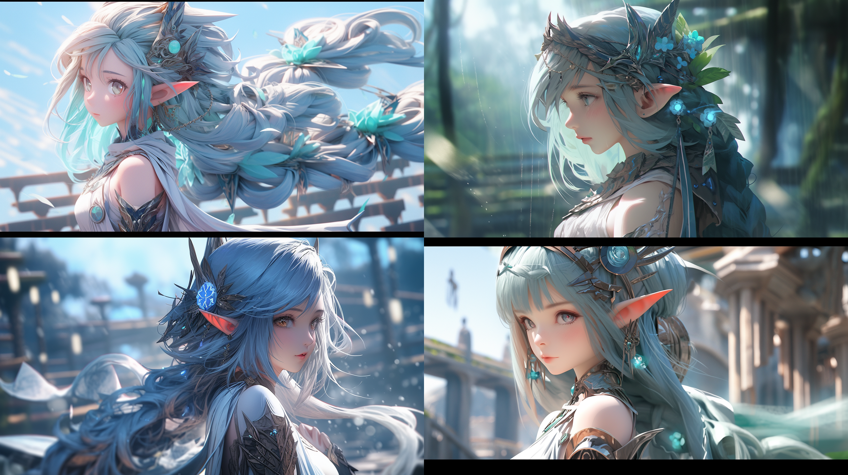 精灵少女，高品质，cg，丰满，五官精致，比例正确，氛围感，高质量，丰富细节，高分辨率， hd画质，五官精致，水蓝色头发，高分辨率，氛围，纯欲，精致，细腻，细节描绘，双马尾，可爱，