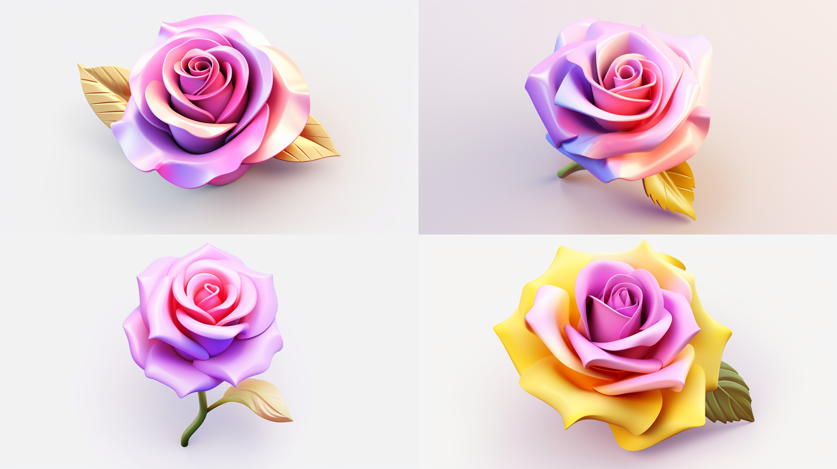 prompt： a rose 3d icon,pink,light yellow,lavender.clean white background,claymaterialisometric, 3d rendering, smooth and shiny! cutegirl style,realistic use of light and color,softcolor gradual change, honey style,trendy innintendo, best detail, hd, high resolution