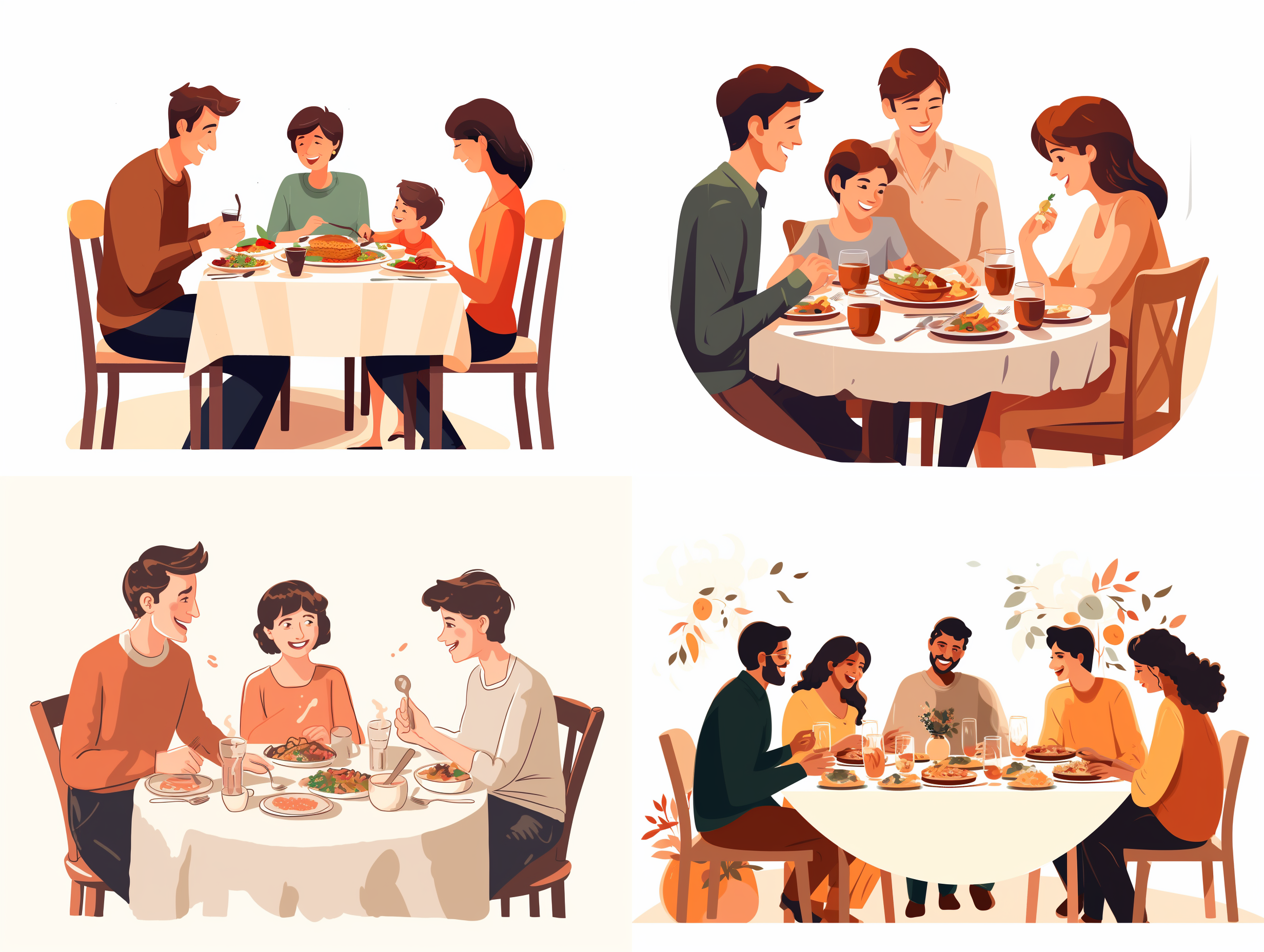 家人开心的坐在一起吃饭，手绘简笔画，矢量元素，白色背景，等构。