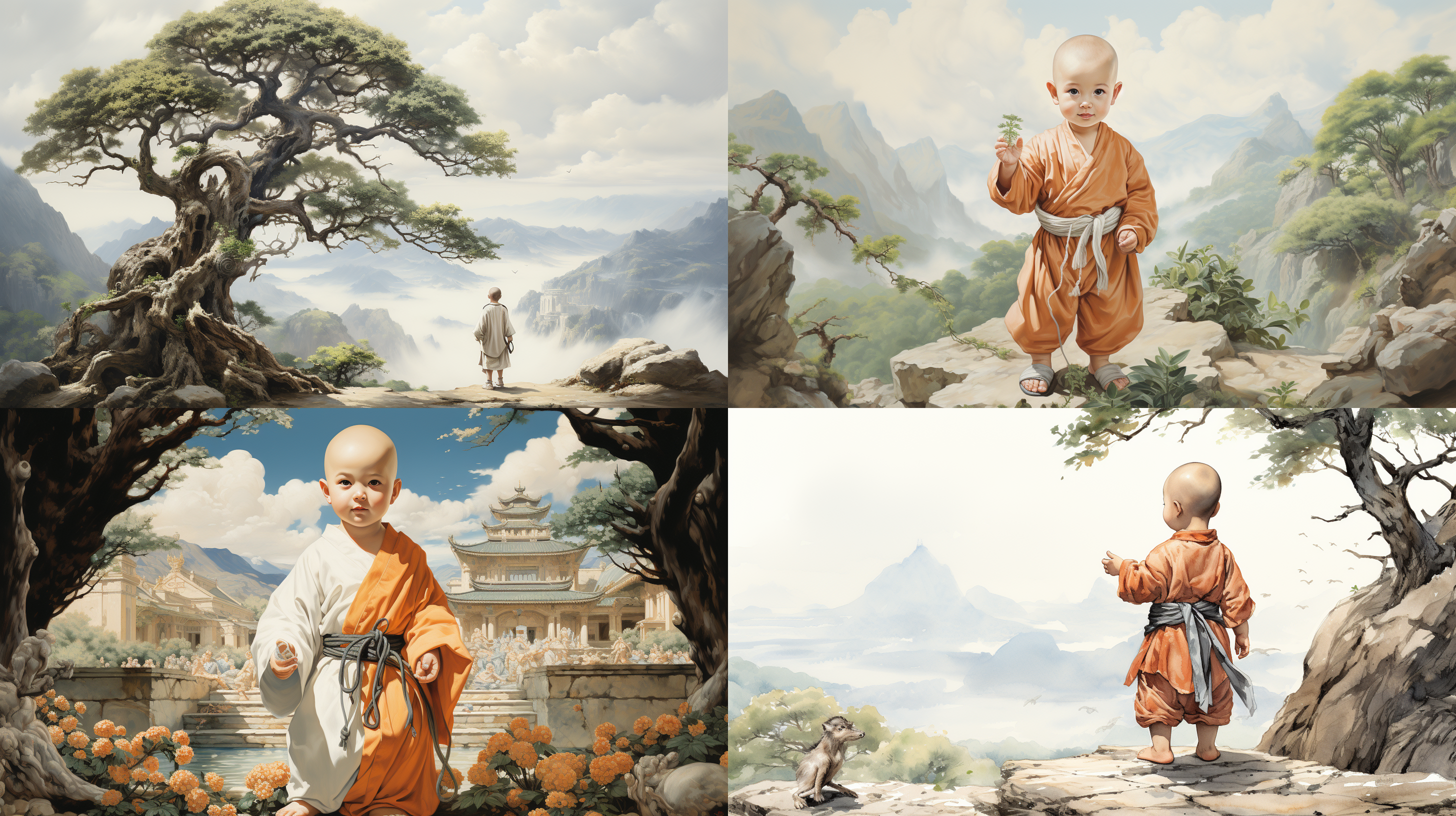 光头两岁小和尚穿白色色衣服在大树底下 正太 原画 树林 山上