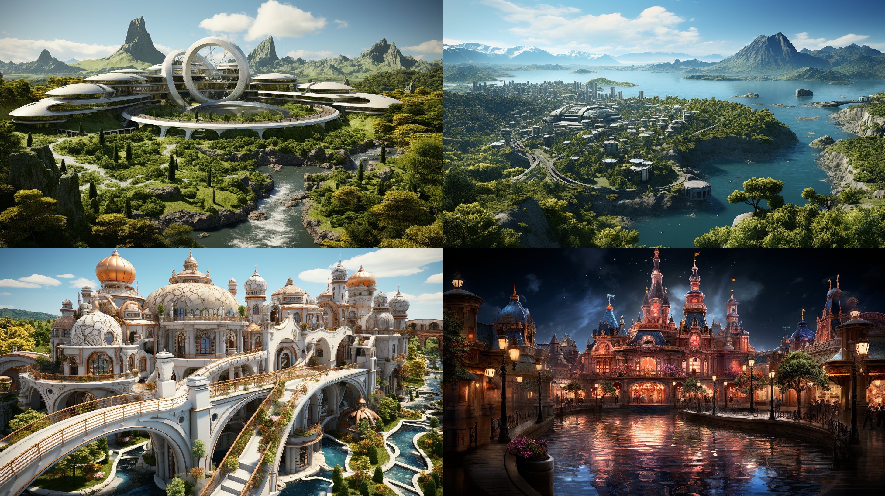 以参考图片的场景状态为标准，生成一个夕阳晚霞下的超级科幻超大规模的城市主题公园的航拍全景，高空航拍远镜头，场面规模宏大，壮观，充满突科幻感的主题雕塑，各种儿童游乐设施，儿童梦幻城堡，代充满未来科技感的科技馆建筑，迪斯尼风格的设施和建筑，大片的多彩景观绿化和景观绿植，体现生态环保的理念，具有顶级的画质和艺术美感，建筑具有未来感和高科技之感，色彩层次丰富，细节丰富逼真，超写实，8k 超高清晰度 