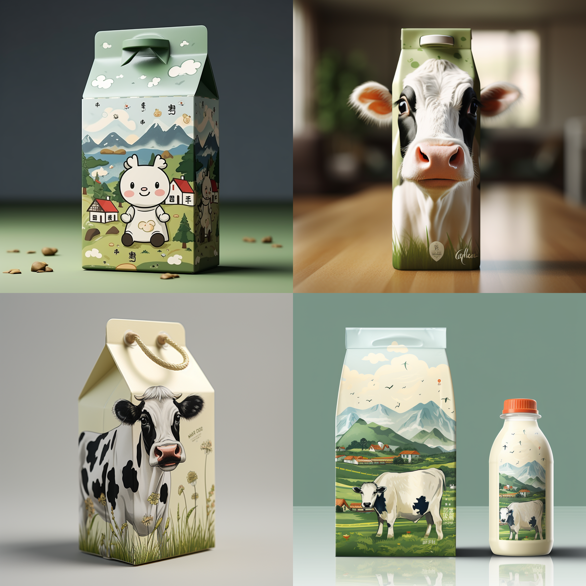 "design a child-friendly packaging for yili milk with a light green color scheme. incorporate a cartoon-style grassland and cow on the packaging. the layout should be cute and appealing to children."