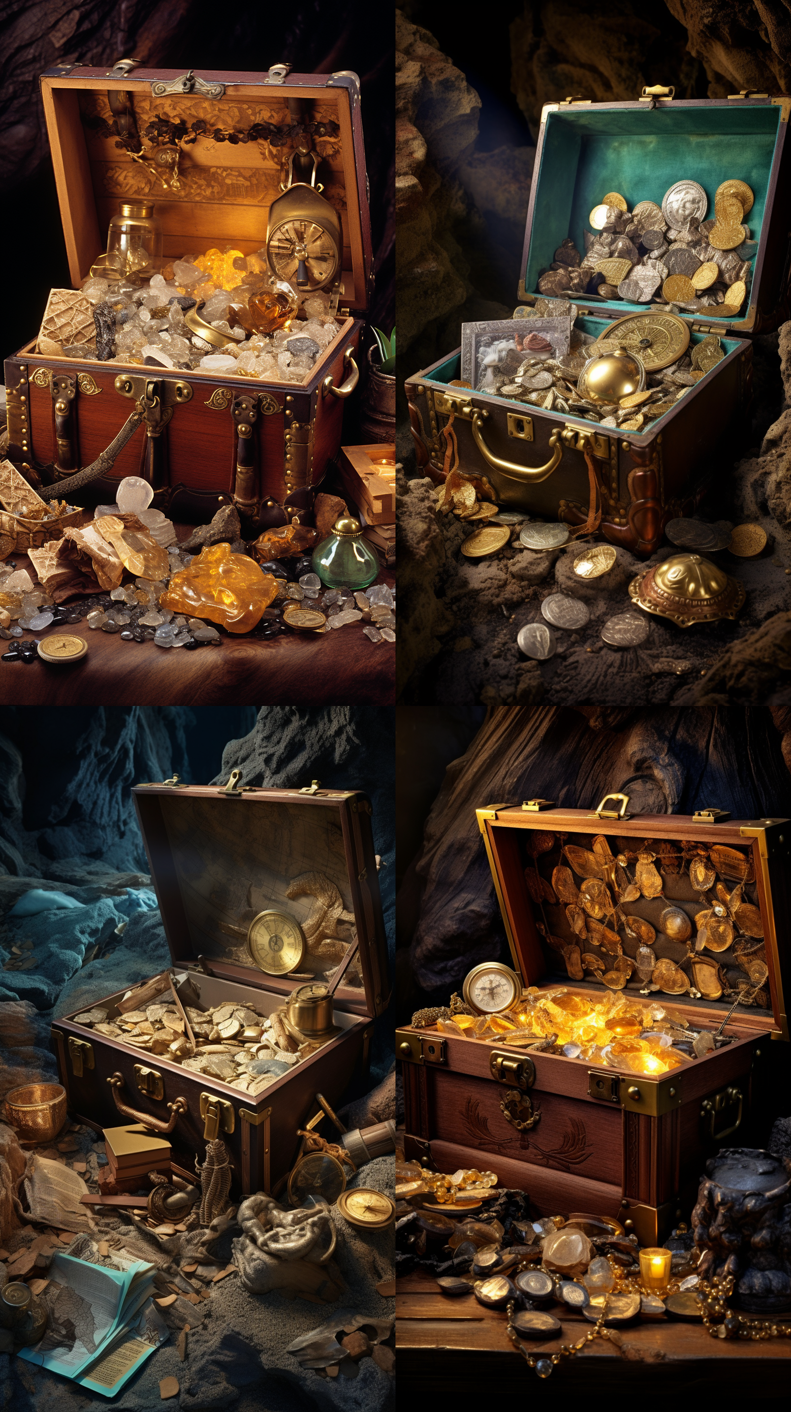 一个敞开的、装满宝石和矿物晶体和金币的vintage风格的木头宝箱，旁边有一张藏宝图，一个欧洲18世纪的航海罗盘，一个金属划规，一本皮革封面的老旧的书，一个18世纪风格的单筒望远镜，还有几个由黄金和木头制成的矿物晶体模型，背景是一个加勒比海盗风格的神秘的山洞，桌面是木质的