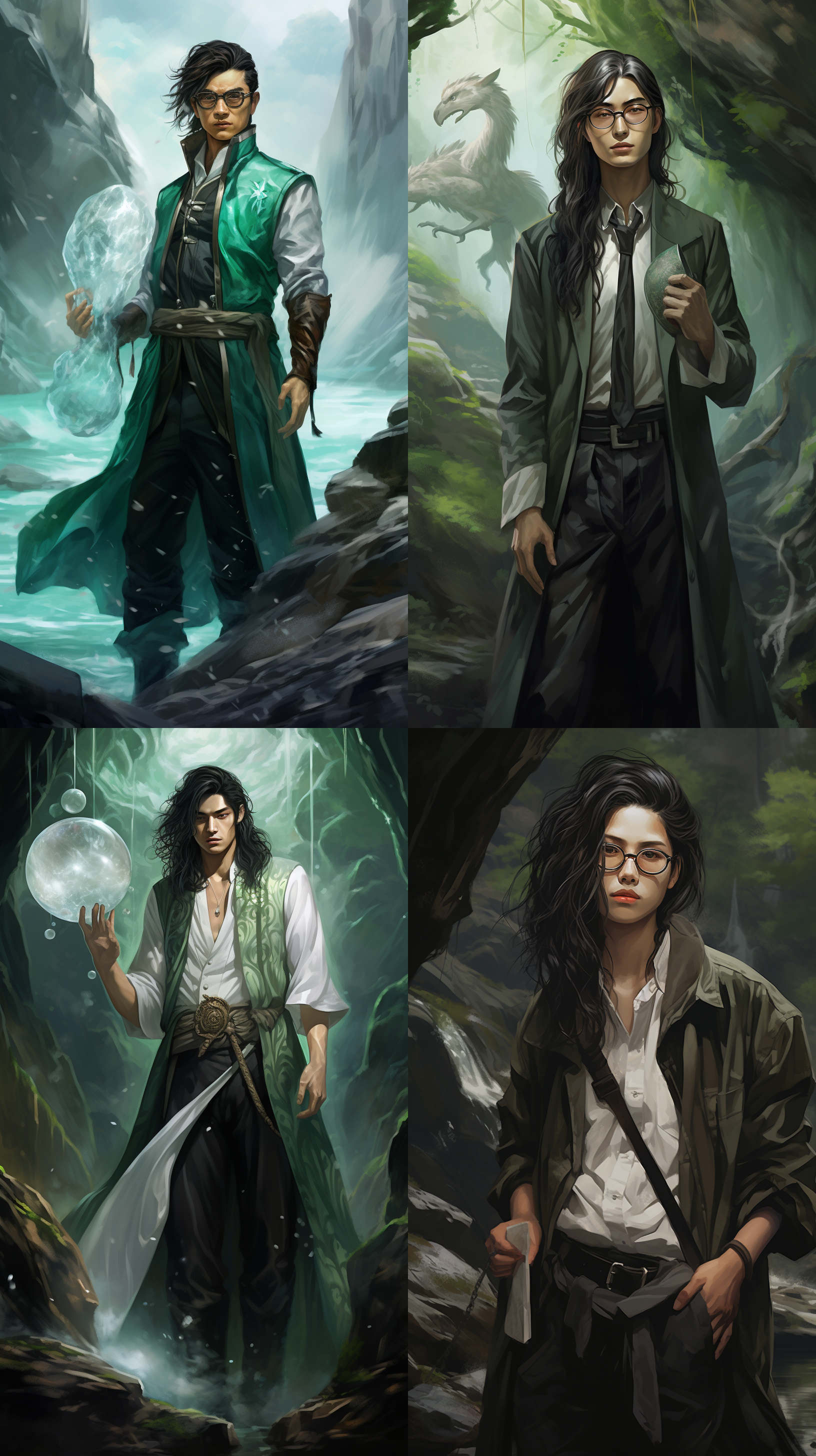 画一个年轻的中国男性，黑色长发大波浪，戴眼镜，穿绿色的19世纪风格的长风衣，白衬衫和黑马甲，黑色马裤和长筒马靴。他手里拿着一个水晶，身处一个水晶山洞。