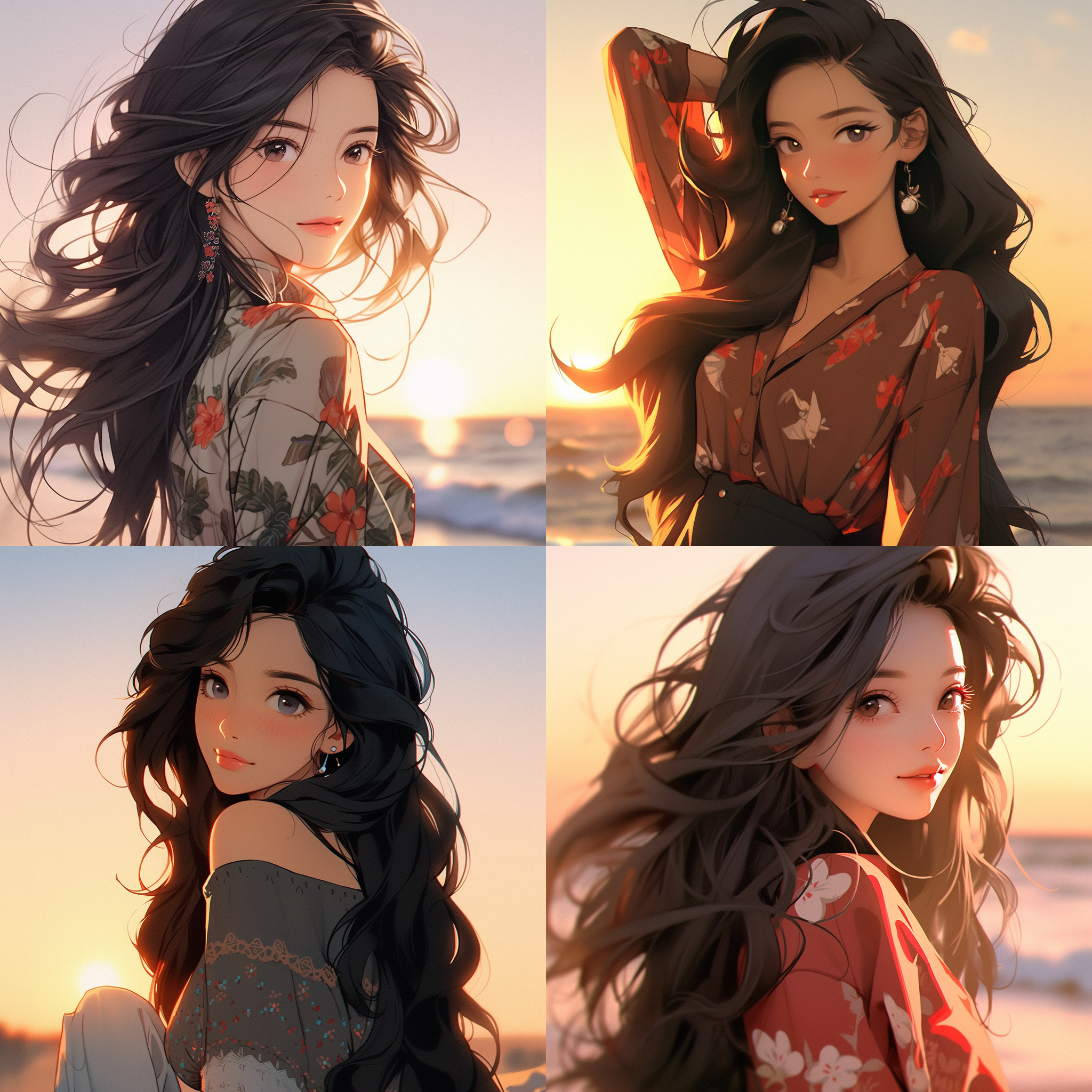 由图生图产生的卡通可爱的中国女孩，黑色长发，卷发，圆脸，背影，海边，落日，风， 优雅，身材饱满高挑，脸部细节，摄影写真，超清渲染