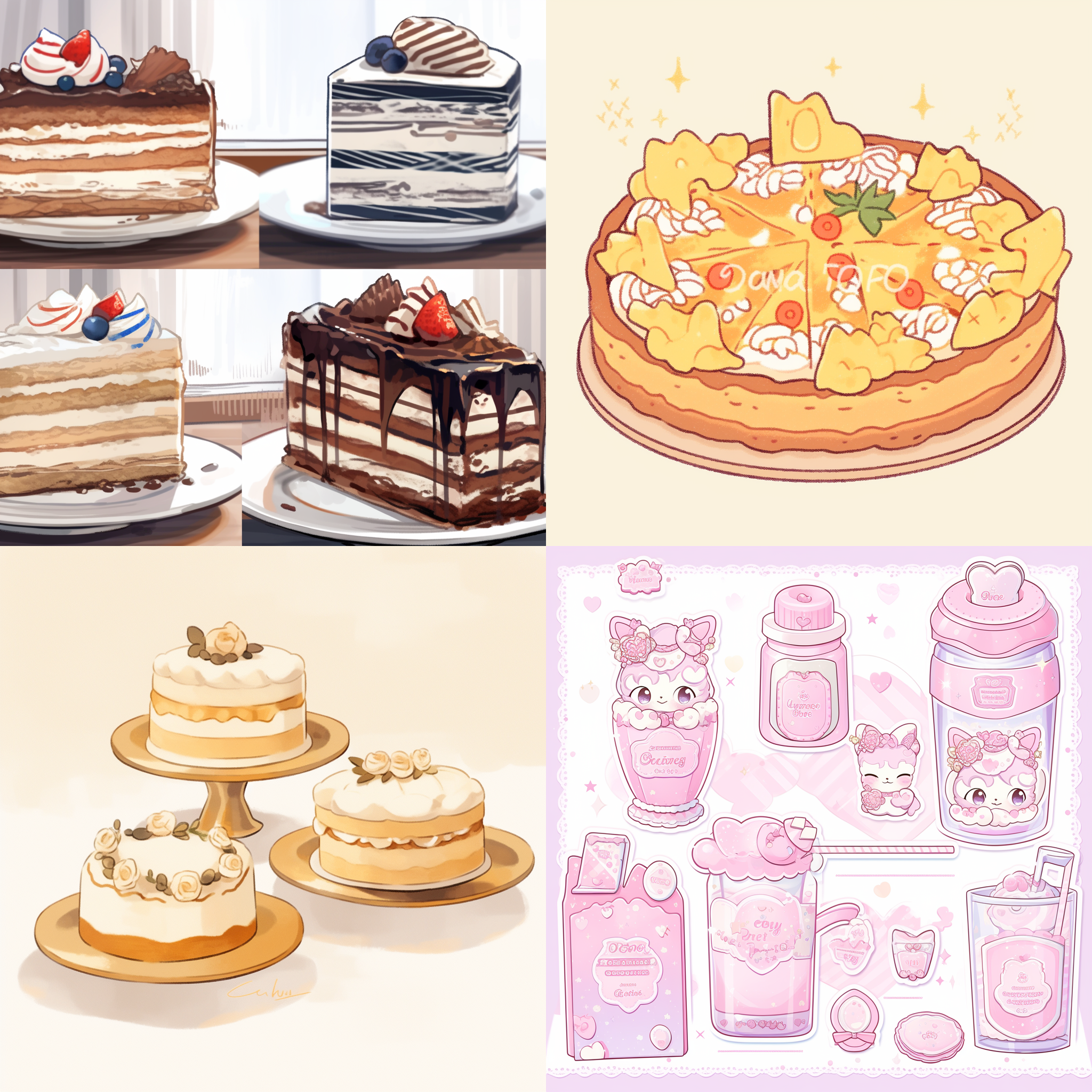 百香果凤梨、草莓乳酪、蜜瓜车厘子玫瑰、香草巧克力，插画设计，活泼可爱，年轻富有活力，色彩亮丽，分别画四张