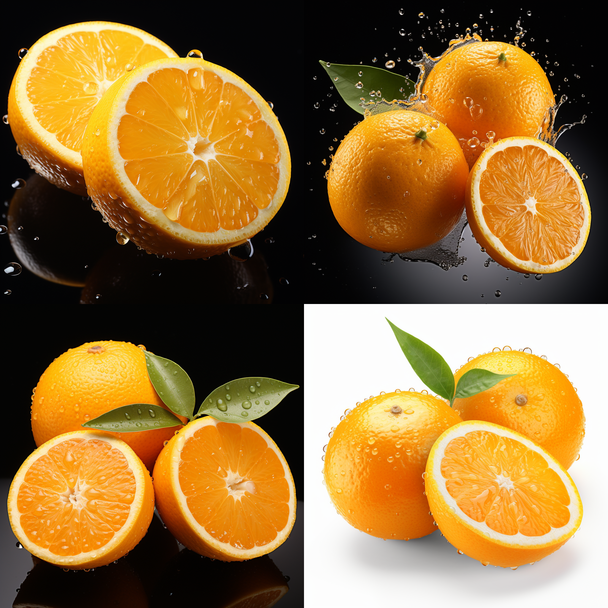 三个橙子，切开的半个橙子，水滴，超真实，8k,中幅相机，白色背景，