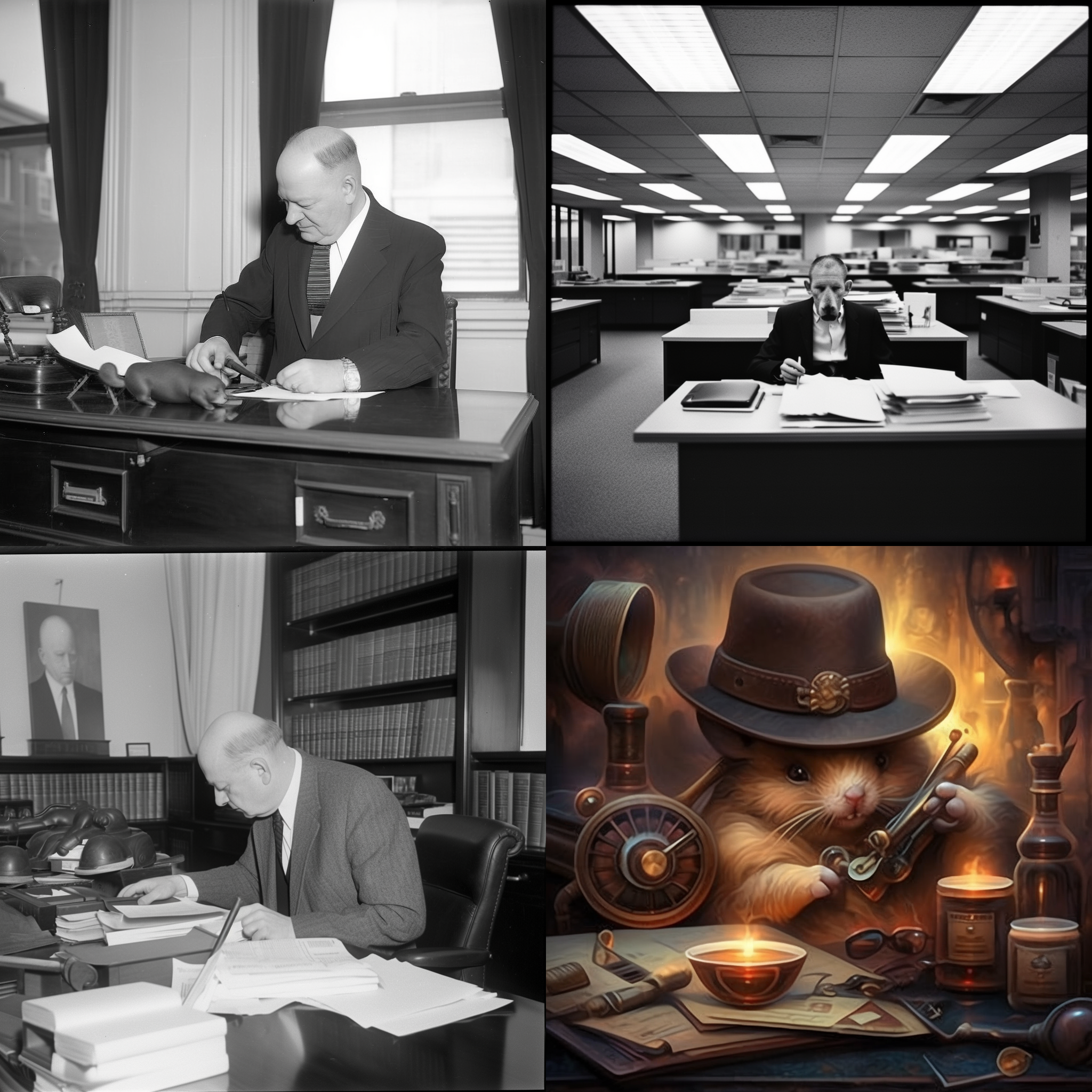 a mouse with a strong winston churchill style sits in a spacious office with important documents and books, surrounded by various types of books on shelves. this mouse exudes an awe-inspiring and steady temperament, holding a smoking pipe while closely observing the maps and charts placed on its desk. it displays the firm, decisive and brave traits of churchill.
