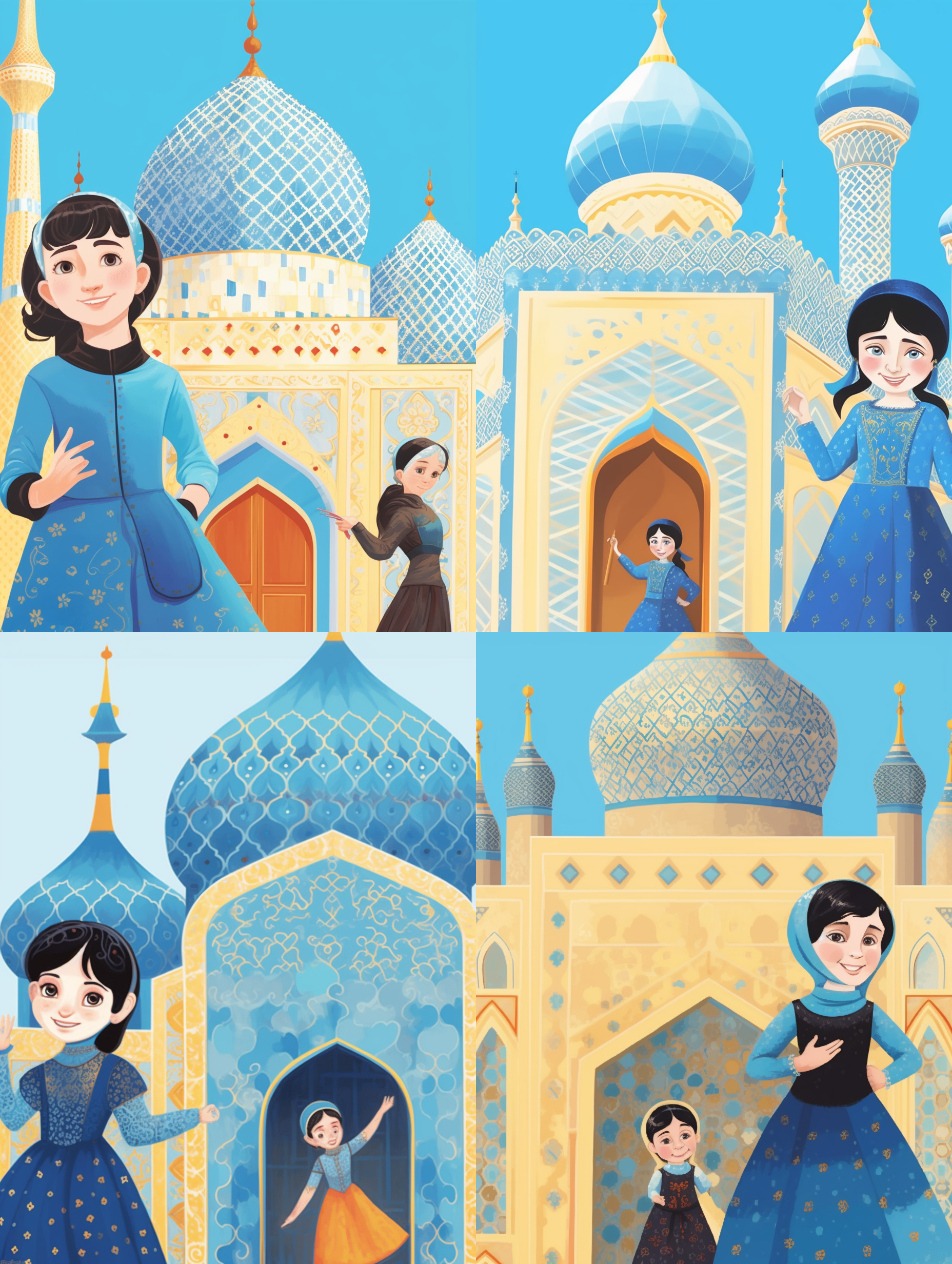a woman and a child standing in front of a blue building with a blue dome on it's side, a storybook illustration, qajar art, character design, abdullah gërguri