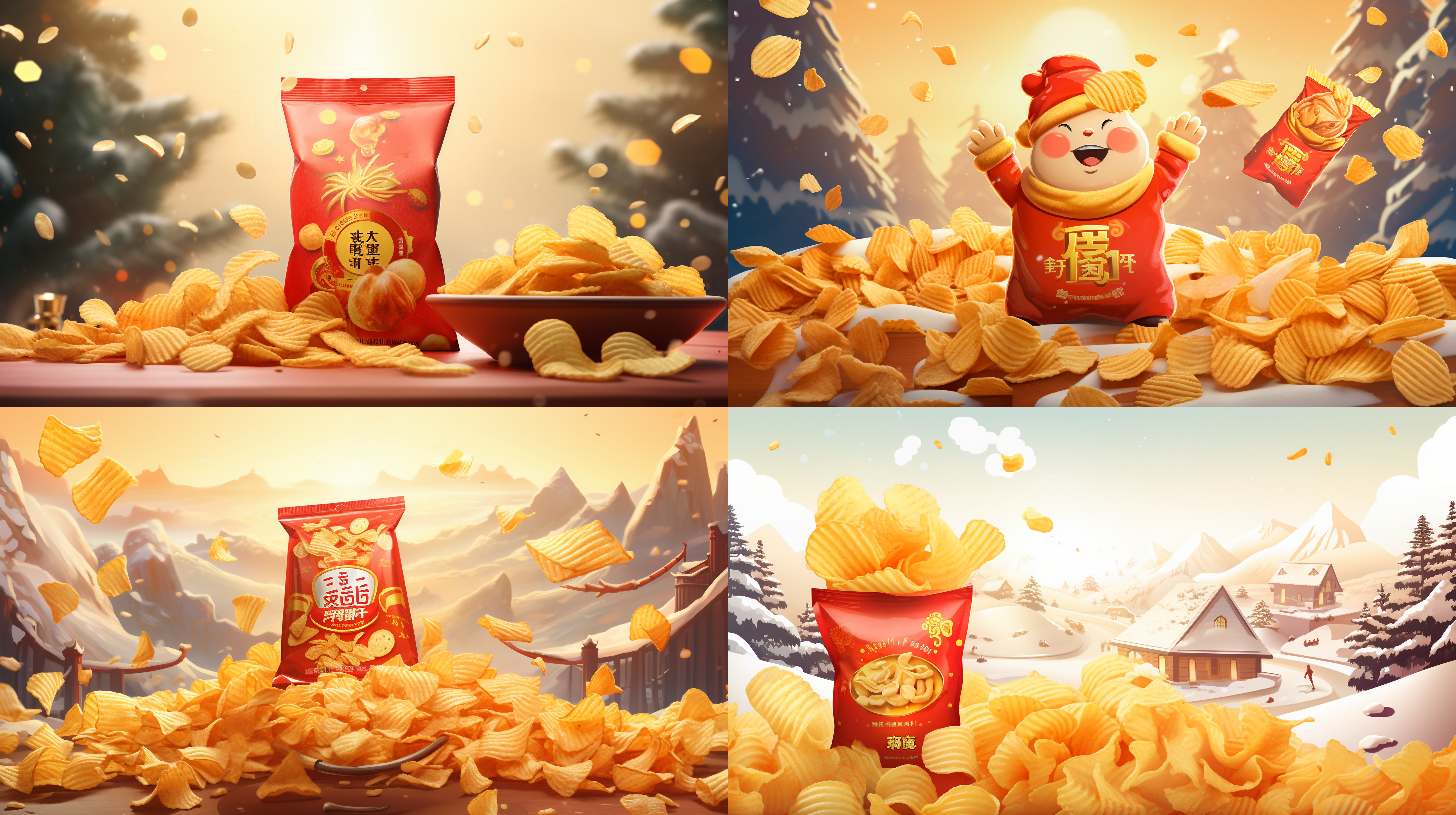 乐事薯片，新年超大包装，在新年的喜庆气氛中，云彩，财神，鞭炮，灯笼，松树，中国元素，自然光，矢量插画风格 ar9:16-s750-q2-style raw-iw 2.0