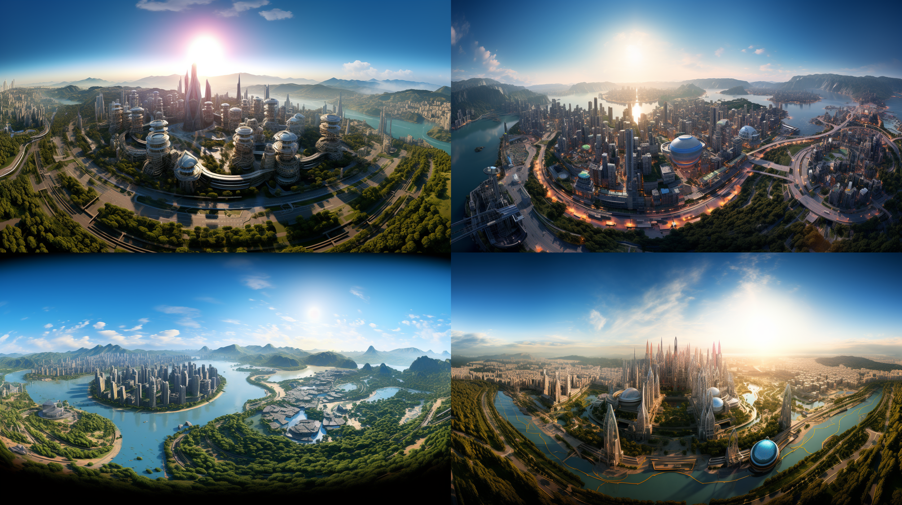 以参考图片的场景状态为标准，生成一个夕阳晚霞下的超级科幻超大规模的城市主题公园的航拍全景，高空航拍远镜头，场面规模宏大，壮观，充满突科幻感的主题雕塑，各种儿童游乐设施，儿童梦幻城堡，代充满未来科技感的科技馆建筑，迪斯尼风格的设施和建筑，大片的多彩景观绿化和景观绿植，体现生态环保的理念，具有顶级的画质和艺术美感，建筑具有未来感和高科技之感，色彩层次丰富，细节丰富逼真，超写实，8k 超高清晰度
