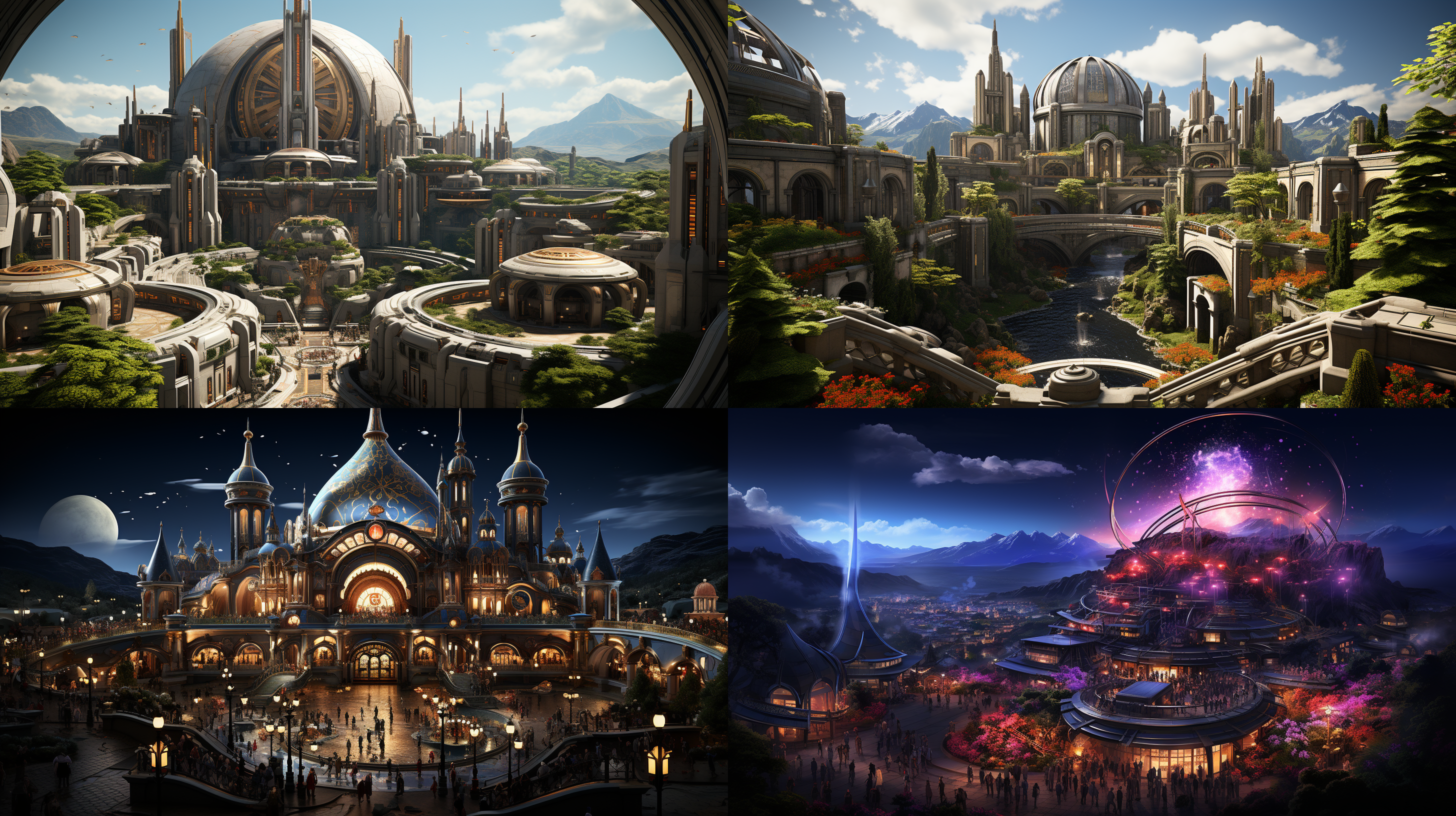 以参考图片的场景状态为标准，生成一个夕阳晚霞下的超级科幻超大规模的城市主题公园的航拍全景，高空航拍远镜头，场面规模宏大，壮观，充满突科幻感的主题雕塑，各种儿童游乐设施，儿童梦幻城堡，代充满未来科技感的科技馆建筑，迪斯尼风格的设施和建筑，大片的多彩景观绿化和景观绿植，体现生态环保的理念，具有顶级的画质和艺术美感，建筑具有未来感和高科技之感，色彩层次丰富，细节丰富逼真，超写实，8k 超高清晰度 