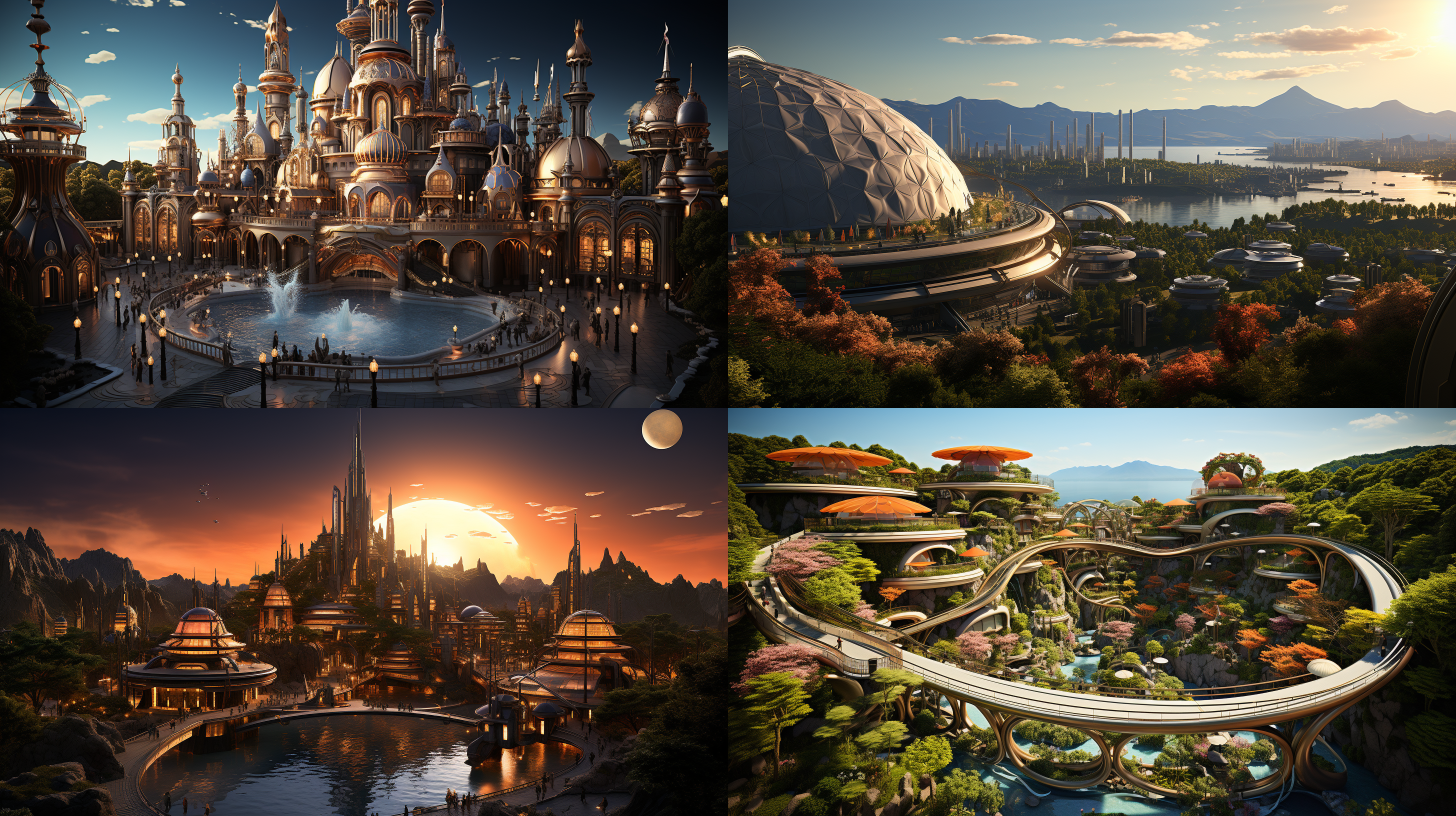 以参考图片的场景状态为标准，生成一个夕阳晚霞下的超级科幻超大规模的城市主题公园的航拍全景，高空航拍远镜头，场面规模宏大，壮观，充满突科幻感的主题雕塑，各种儿童游乐设施，儿童梦幻城堡，代充满未来科技感的科技馆建筑，迪斯尼风格的设施和建筑，大片的多彩景观绿化和景观绿植，体现生态环保的理念，具有顶级的画质和艺术美感，建筑具有未来感和高科技之感，色彩层次丰富，细节丰富逼真，超写实，8k 超高清晰度