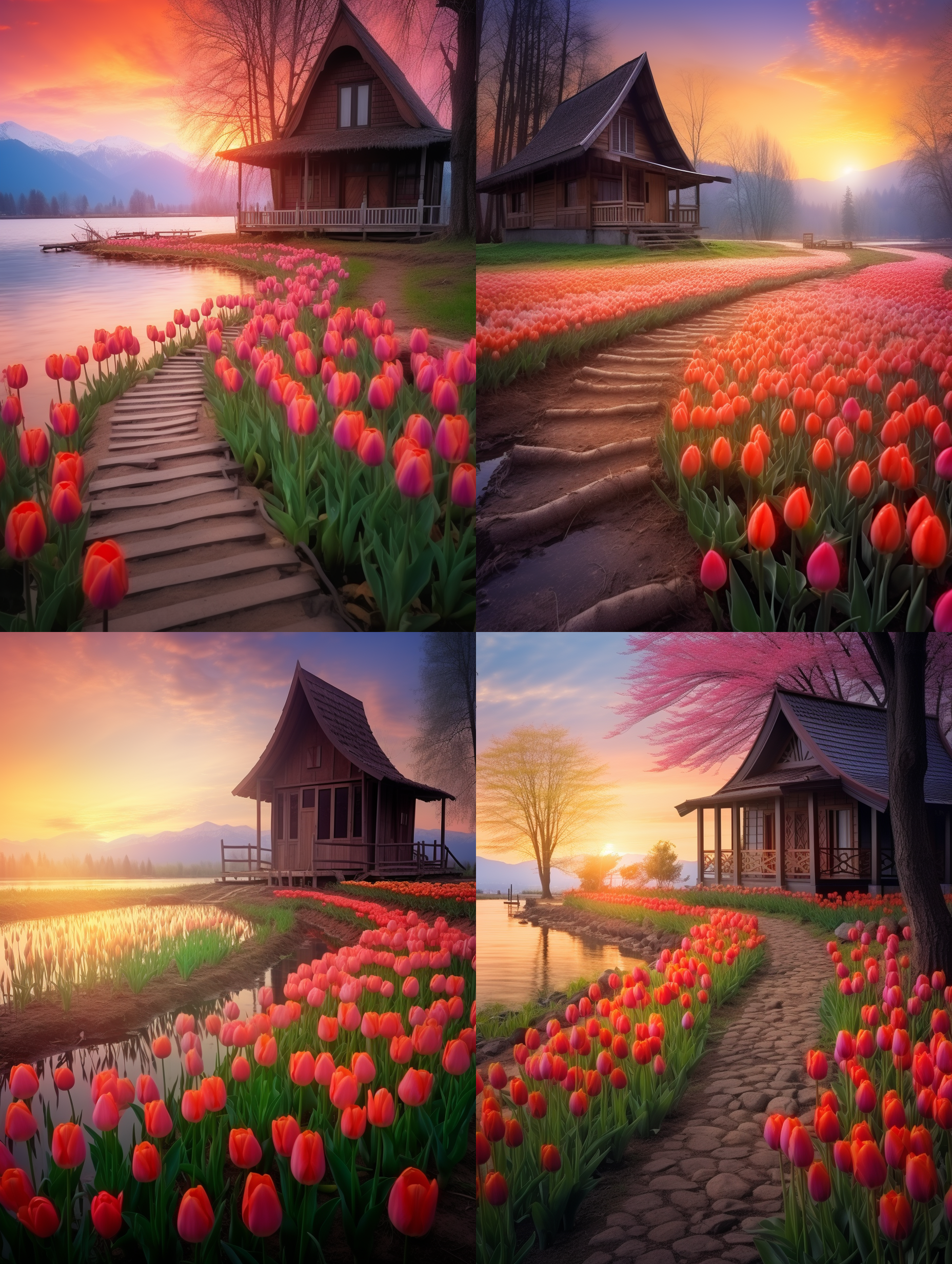 在乡间一处木屋的前，长着一片紫色，金色和粉色的郁金香花，老榕树，远处的山林和远山，木板的小桥，细水潺潺的小溪，天空火烧云的红色晚霞，阳光的余辉依然灿烂！顶级的专业风光摄影效果，顶级的摄影作品画质和清晰 度，非常唯美，色彩丰富细腻，画面细节丰富！8k超高清晰度，大文件