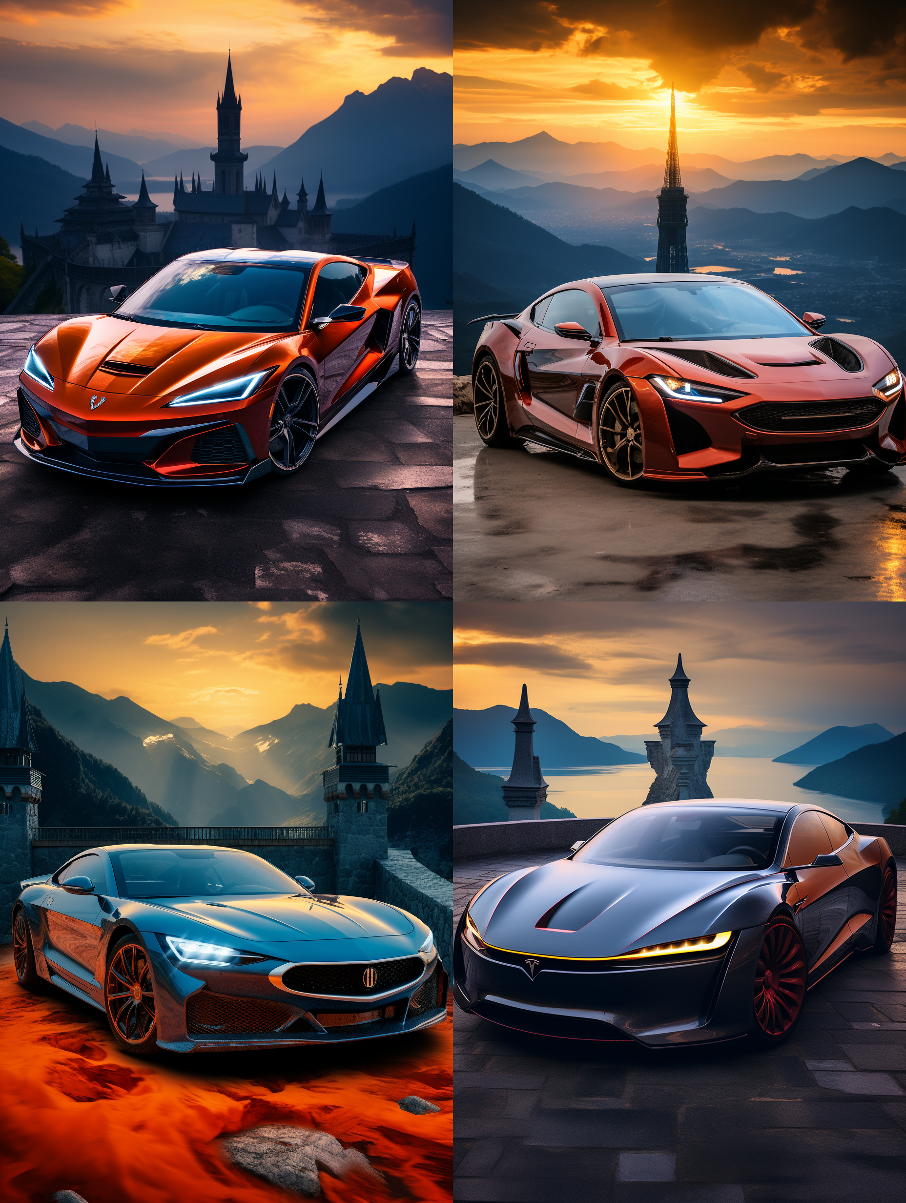 在一片晚霞的山顶停放一辆顶级的电动豪华跑车，蓝色车漆，很有未来感和科技感，跑车的前卫设计，群山耸立，山顶的公路，云海飘动，顶级专业的摄影效果，超写实，真实质感，8k的超高清画质，大文件 