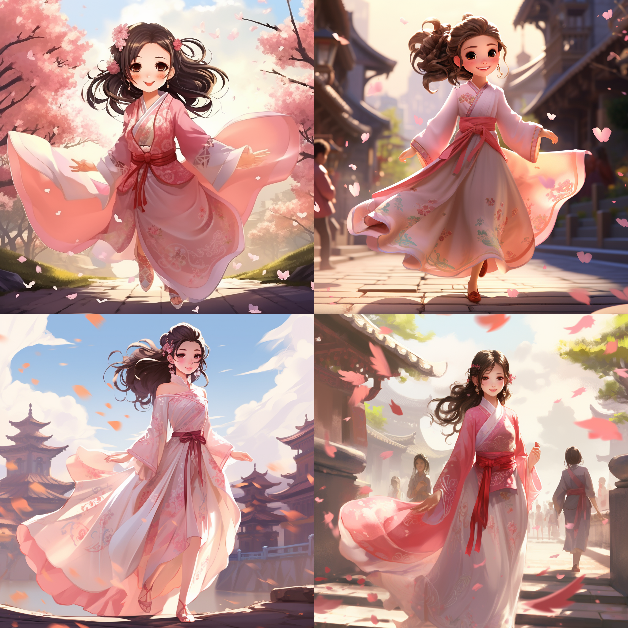 卡通图片，一个活泼可爱女孩，面部细节体现明，粉色中国汉服，迷人微笑，在林荫大道上行走，阳光洒落在女孩的身上，
