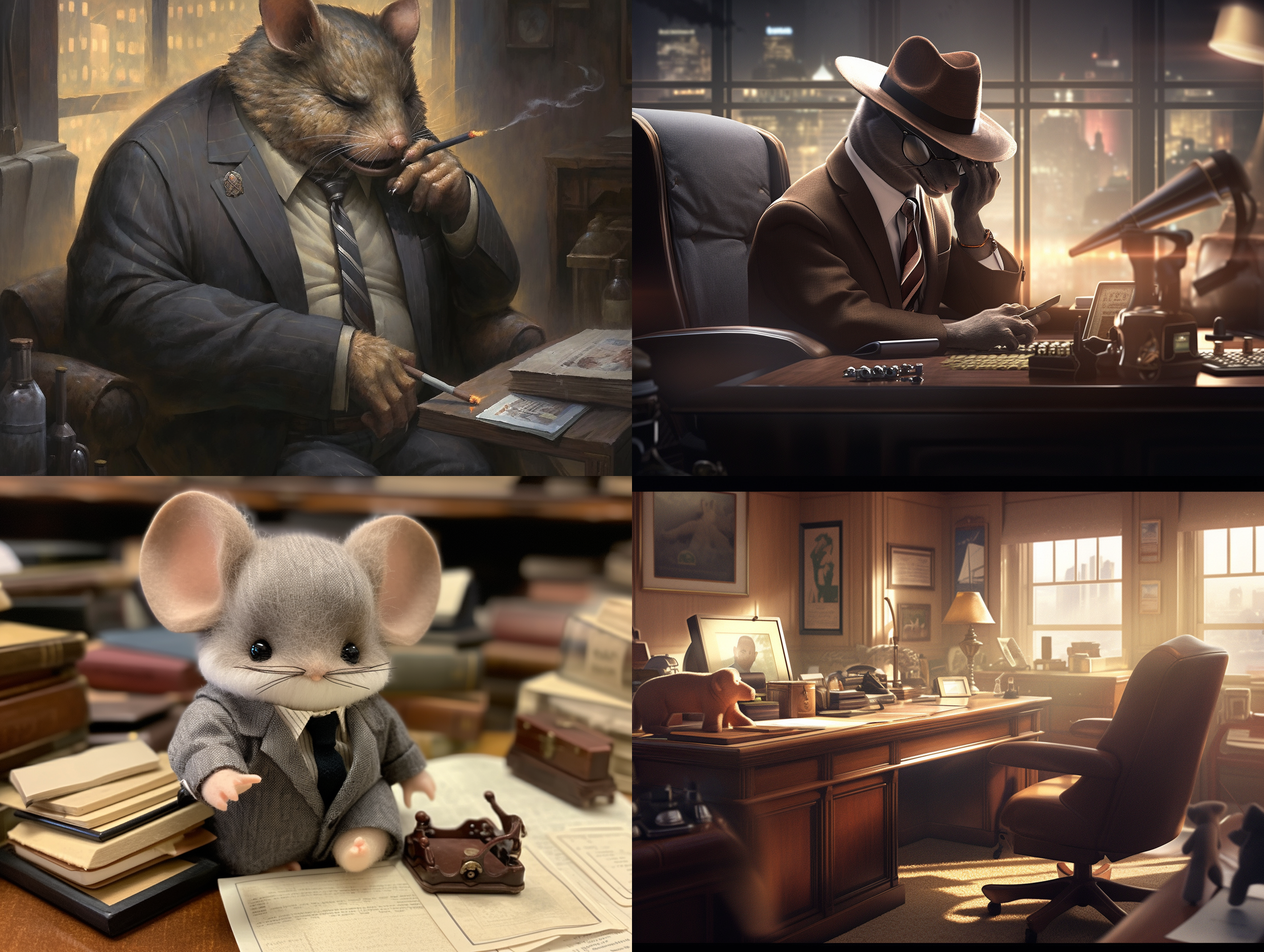 a mouse with a strong winston churchill style sits in a spacious office, with important documents and books placed on the desk. this mouse exudes an awe-inspiring and steady temperament, holding a smoking pipe and calmly pondering over critical decisions and strategies. the bookshelves that surround it display historical records and political works, highlighting its pursuit of knowledge and wisdom. undoubtedly, this mouse is an intelligent and visionary leader, who focuses closely on the maps and charts placed on its desk, thoughtfully considering the direction of future development. no matter what challenges it faces, this mouse displays the firm, decisive and brave traits of churchill.