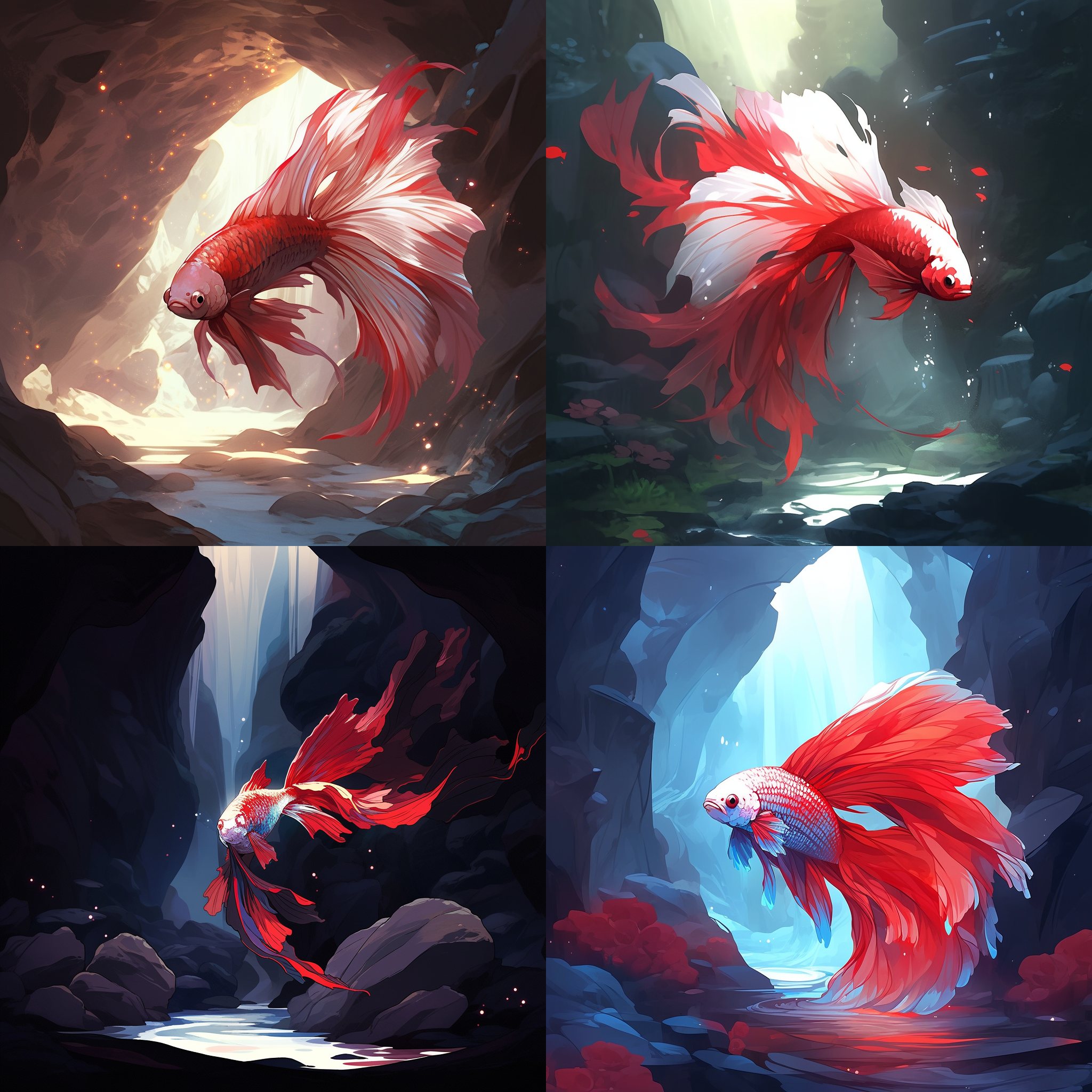 a betta fish located in a cave, with gradually changing colors from white to red, shows an elegant figure with a fluttering tail. the cave is well-lit with clear tyndall effect present, while the fish is backlit.