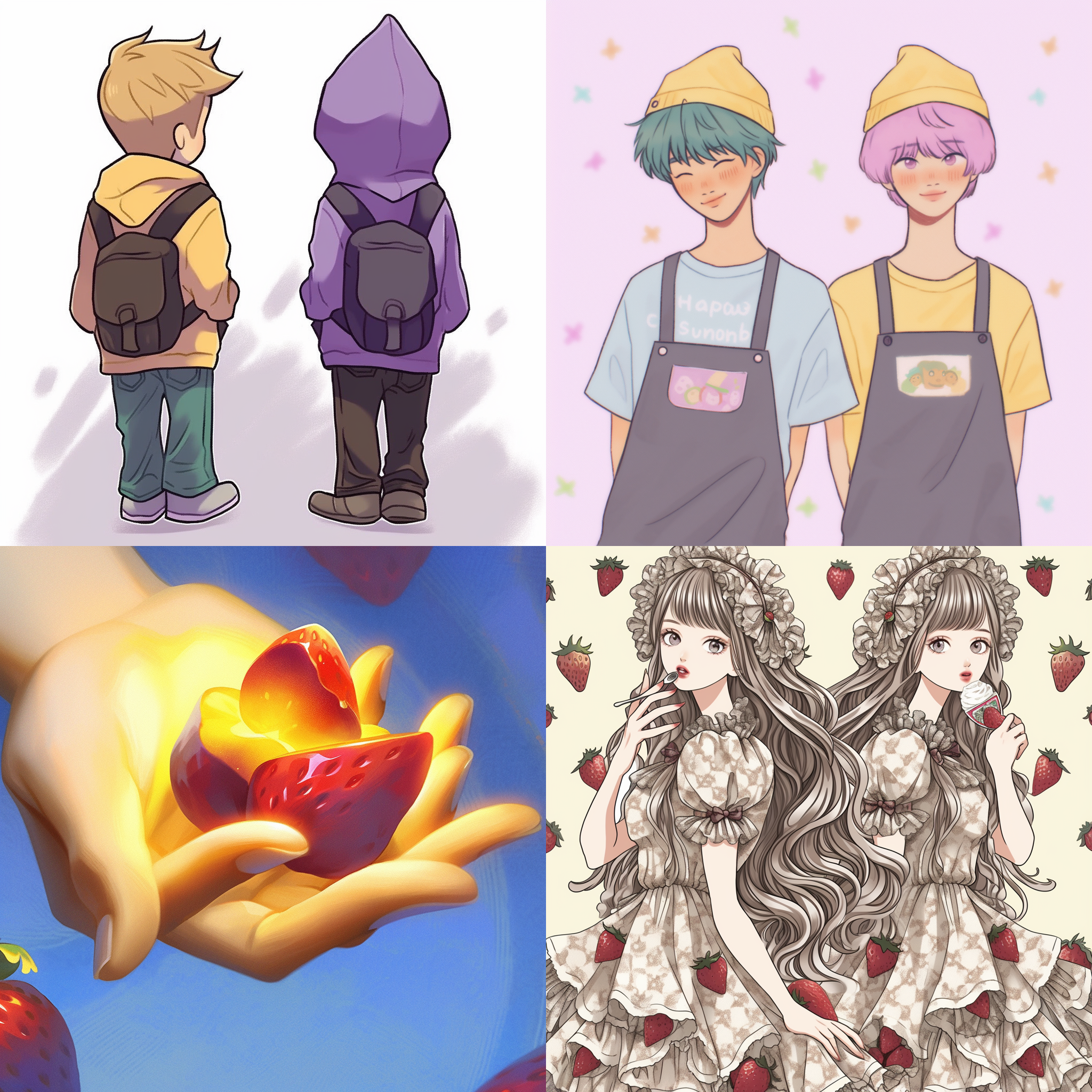 恋爱甜蜜如草莓奶酪，镜头聚焦两人手牵手，背景渐变色调，环境明亮，柔光照射，长焦镜头，静态构图，微笑，温暖色彩，浪漫情绪，温馨时刻。