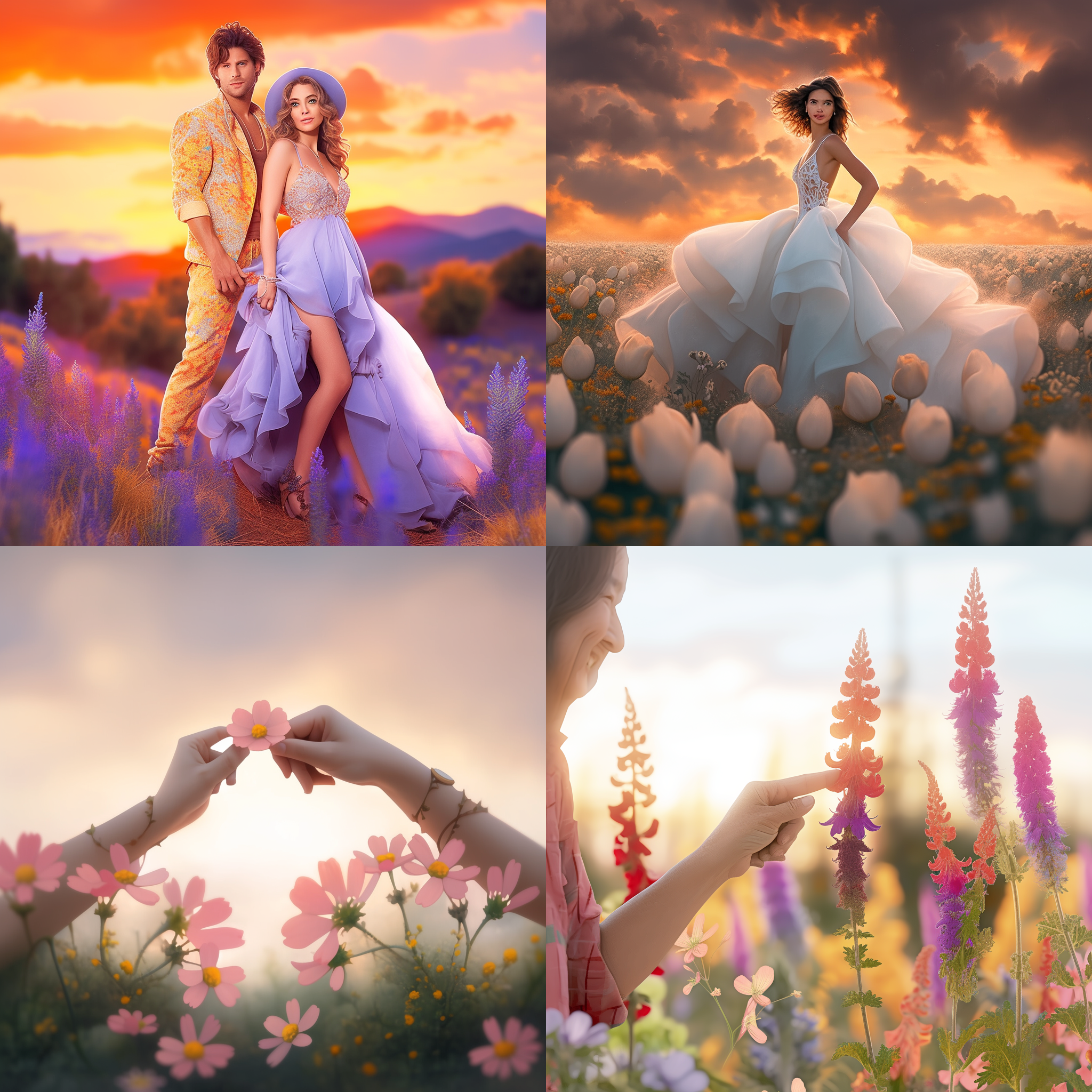 热恋中的甜蜜，手牵手在花田漫步。金色日落背景下，几朵白云飘荡。笑容中流露着温柔幸福。胶片风格，柔和色彩，迷离背景虚化，浪漫氛围，轻柔光线，相拥温暖。手牵手，恋人，花海，日落，浪漫，温柔，幸福，胶片风格，柔和色彩，迷离背景虚化，轻柔光线。