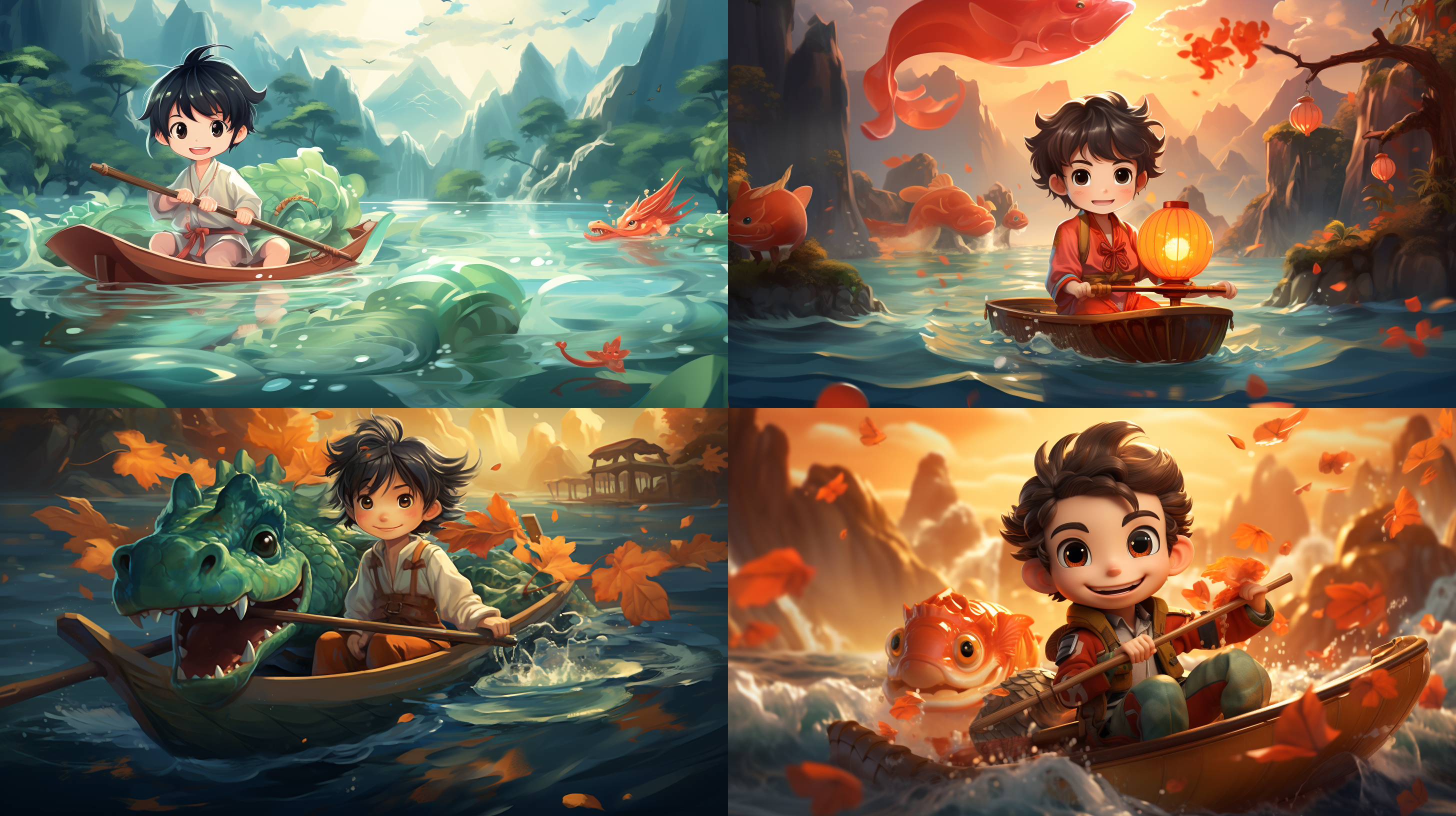 穿汉服的可爱小孩，划龙舟，远景是巨大的粽子，可爱的中国龙，水波纹渐变