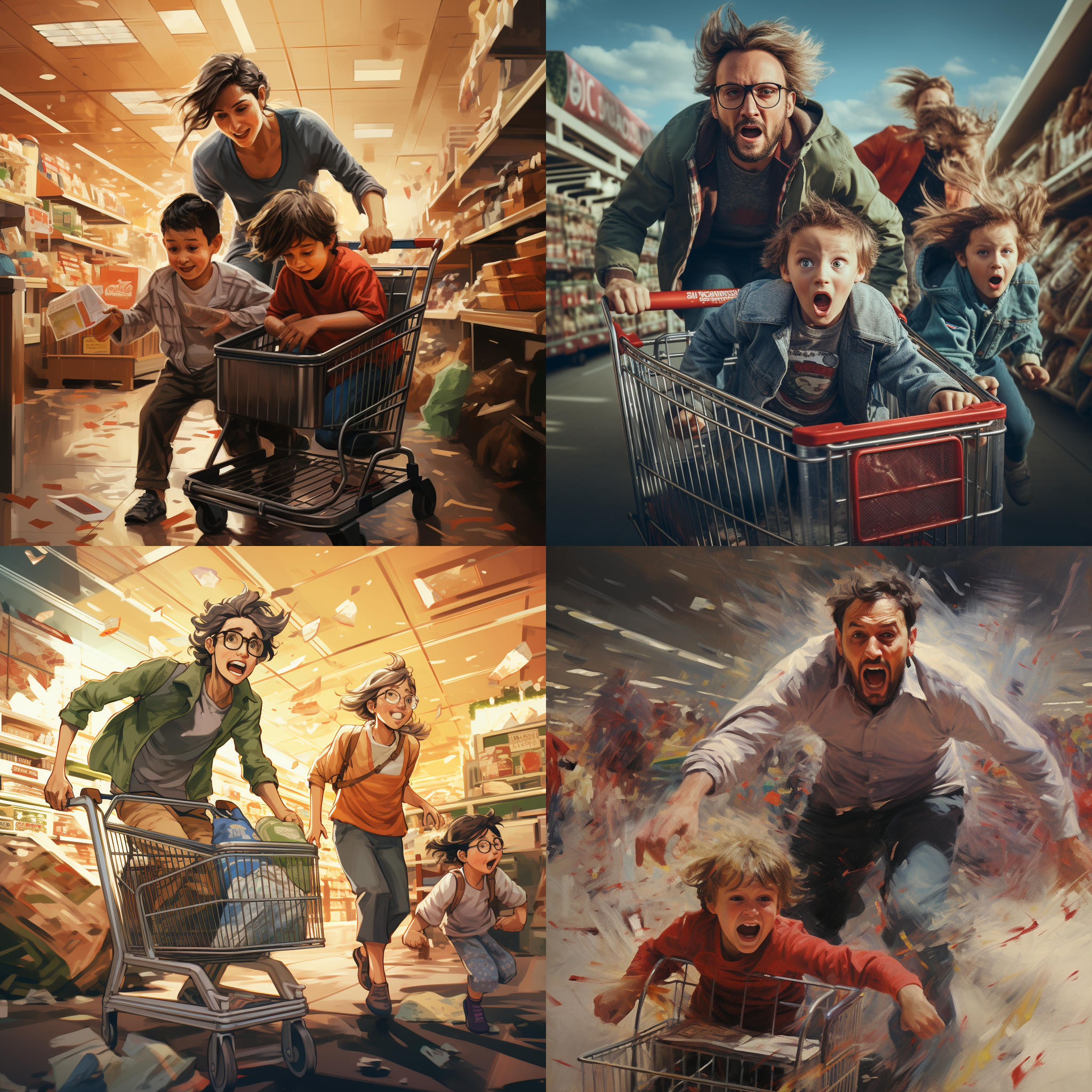 背景超市 一位宝妈带着一个10岁大的男孩和一个2岁大的男孩，推着一辆购物车。爷爷只有一个人也推着一辆购物车 两辆购物车擦肩而过，差点撞到