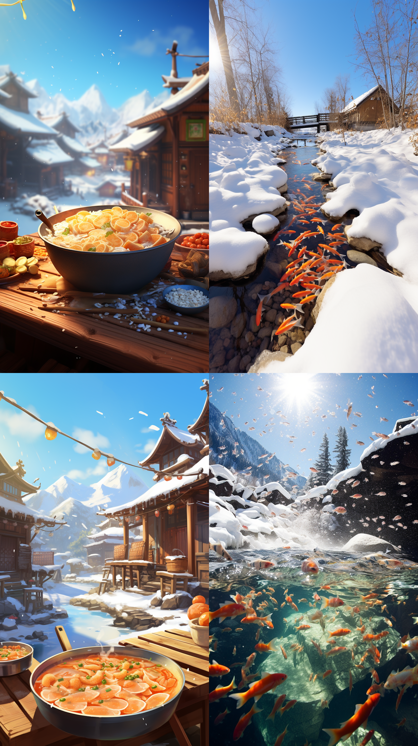 雪天，中国水饺，山脚下一条小河里有许多金鱼。白雪覆盖的景色，细致的金鱼，远近的对比，广角镜头，鲜艳的颜色，静态，宁静，和谐。 超高分辨率