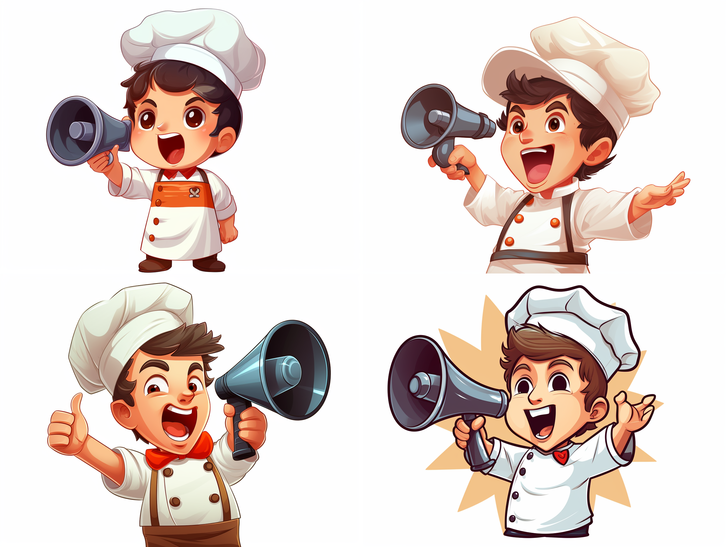 一个小厨师举着喇叭喊，矢量高清插图，白色背景，等构。