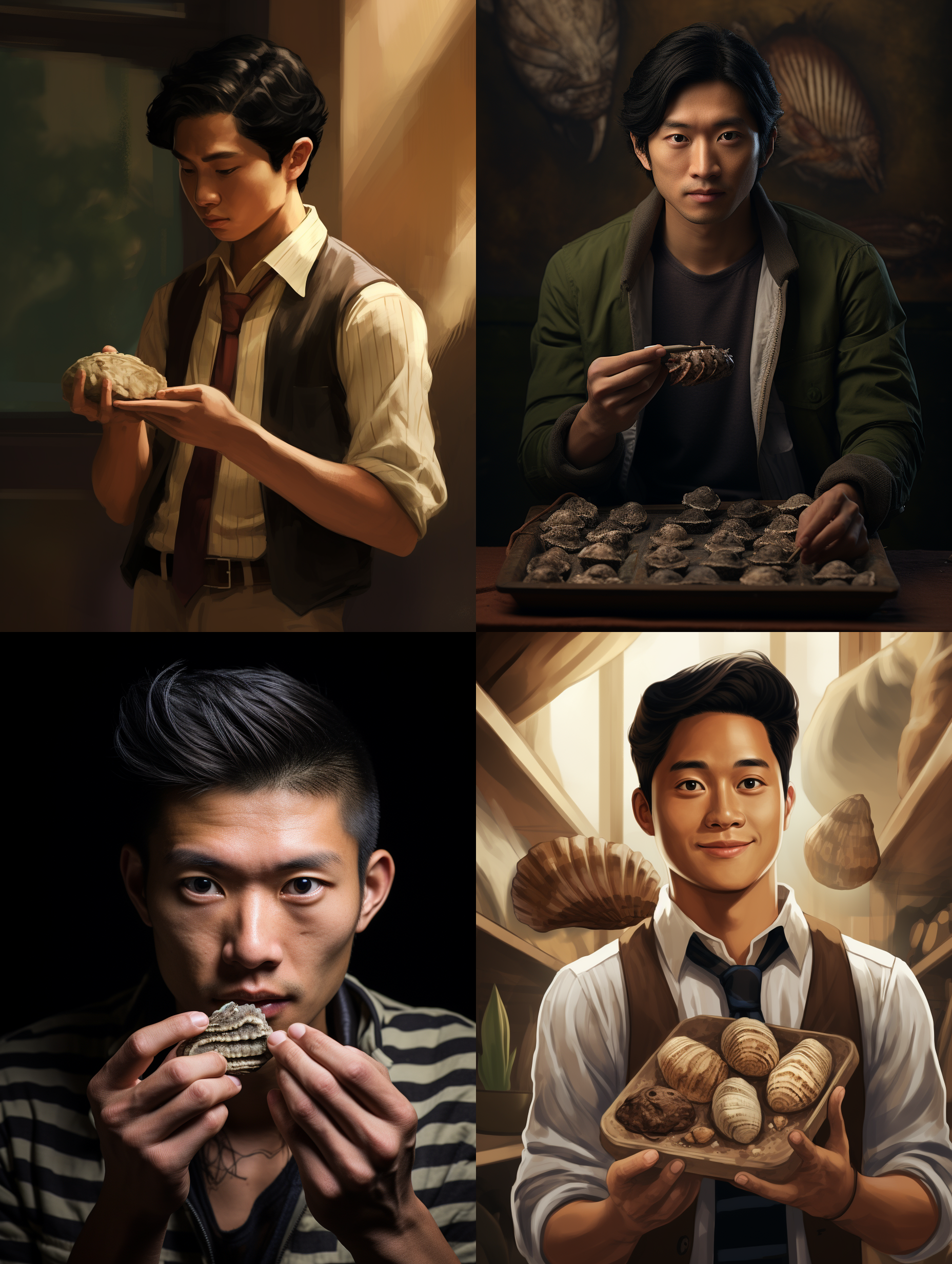 create an image of a young and handsome east asian man with neat black hair parted to one side. he is wearing a khaki-striped shirt and a brown suede waistcoat. he is carefully examining a trilobite fossil held in his hand, and his eyes display intense curiosity and focus. he is located in a place made to resemble a paleontological museum, which is filled with various old fossils and historical artifacts. the design and layout of the room exude a sense of aged elegance and antiquity.