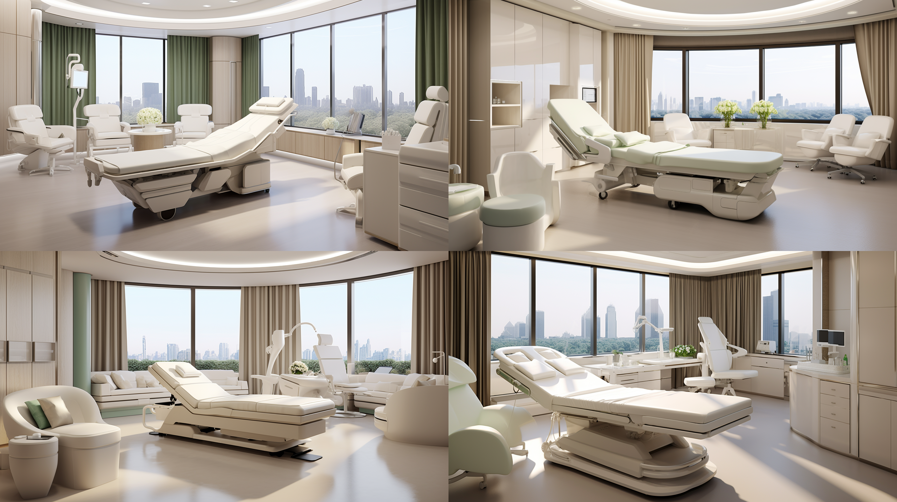 干细胞公司的治疗室，10平方米，舒服的单人床和沙发，独立卫生间，单层，层高较高，现代风，科技感，专业，高端，极简，洁净，明亮，白色为主，浅绿色点缀，一定的弧形造型，不要有过于鲜艳的颜色，不要有楼梯，不要有木色