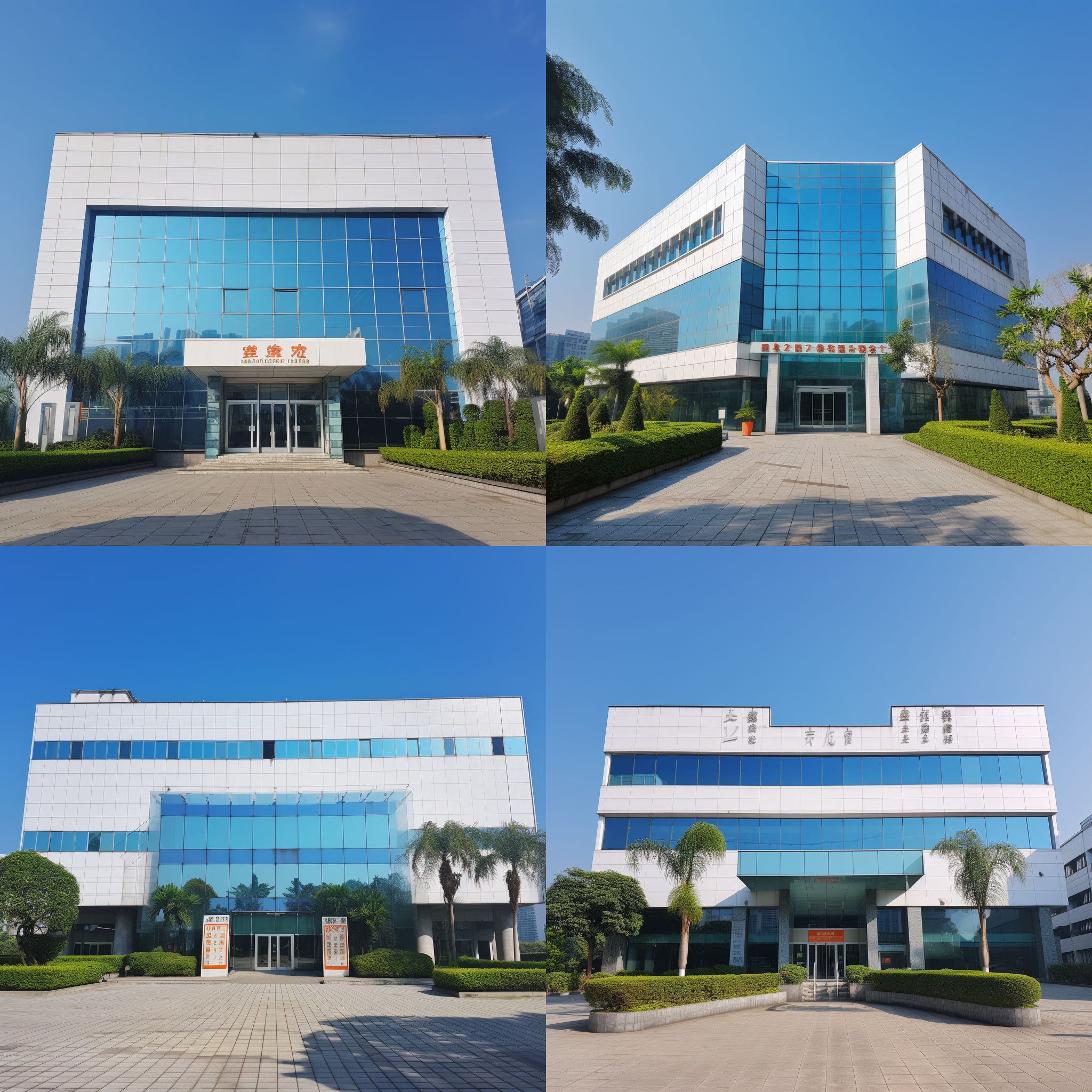 立面照片，建筑物的正面视角，对称构图，现代风格，明亮的白色和玻璃外墙，蓝天背景，强烈的透视感，清晰的细节，干净整洁。