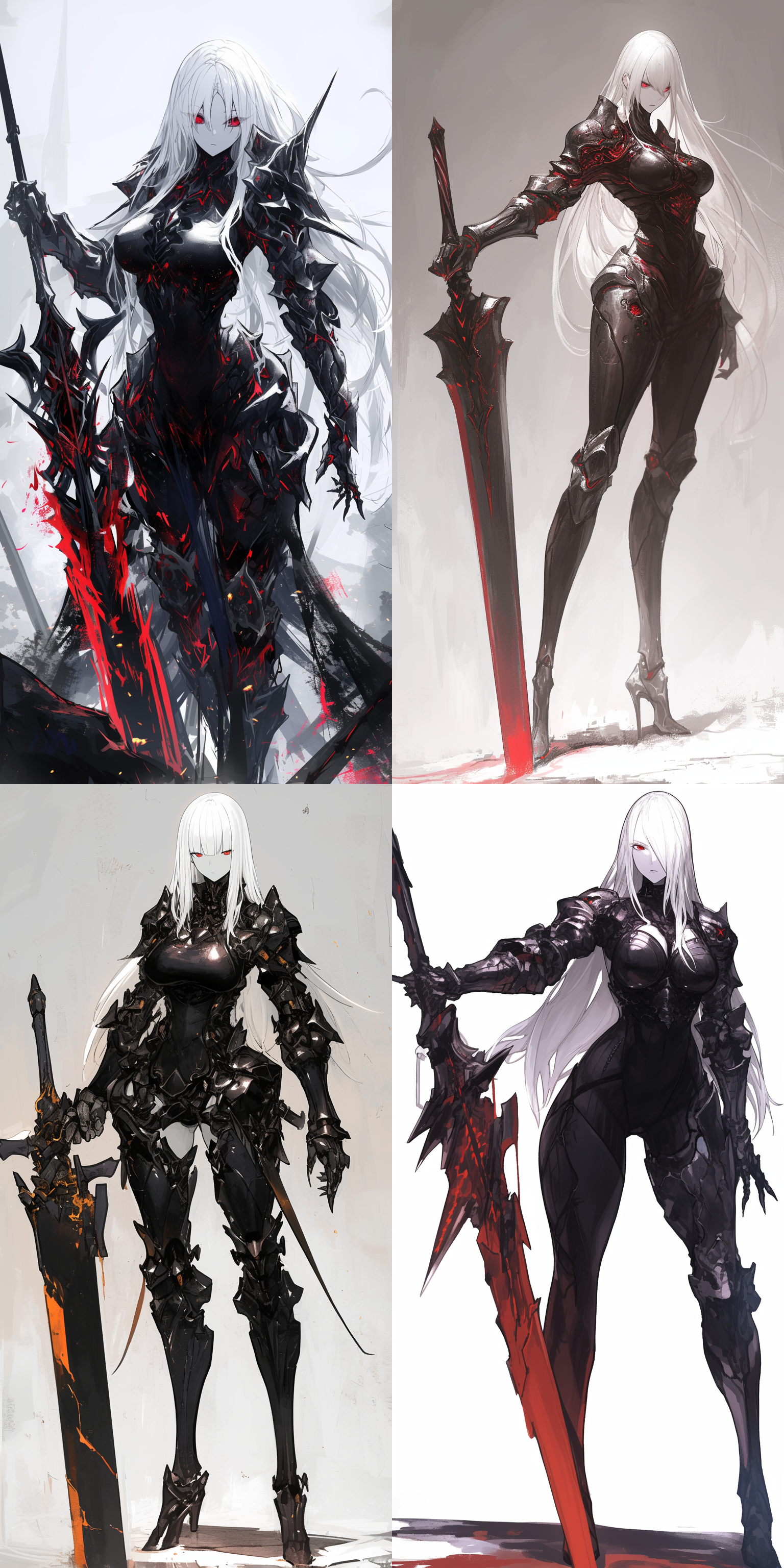 黑色紧凑整齐科技凯甲华丽的女战士，手持巨剑，白色直长发整齐笔直，整齐的齐刘海，红色瞳孔，皮肤白皙，面无表情，身材纤细精壮，肌肉线条明晰 ，大boss,邪恶感，高光，二次元漫画化风，