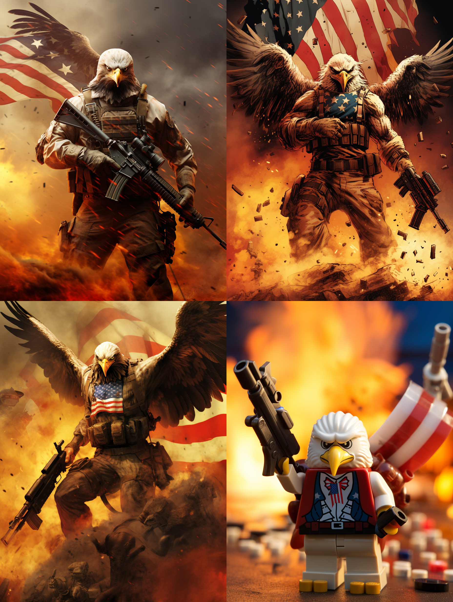 海军陆战队全副武装的老鹰队长，身背重机枪，美国国旗的战袍，右下方有一面飘扬的美国国旗，身后几名全副武装的美国大兵，战火燃烧猛烈，子弹横飞，远处隐约看到自由女神雕像，6k