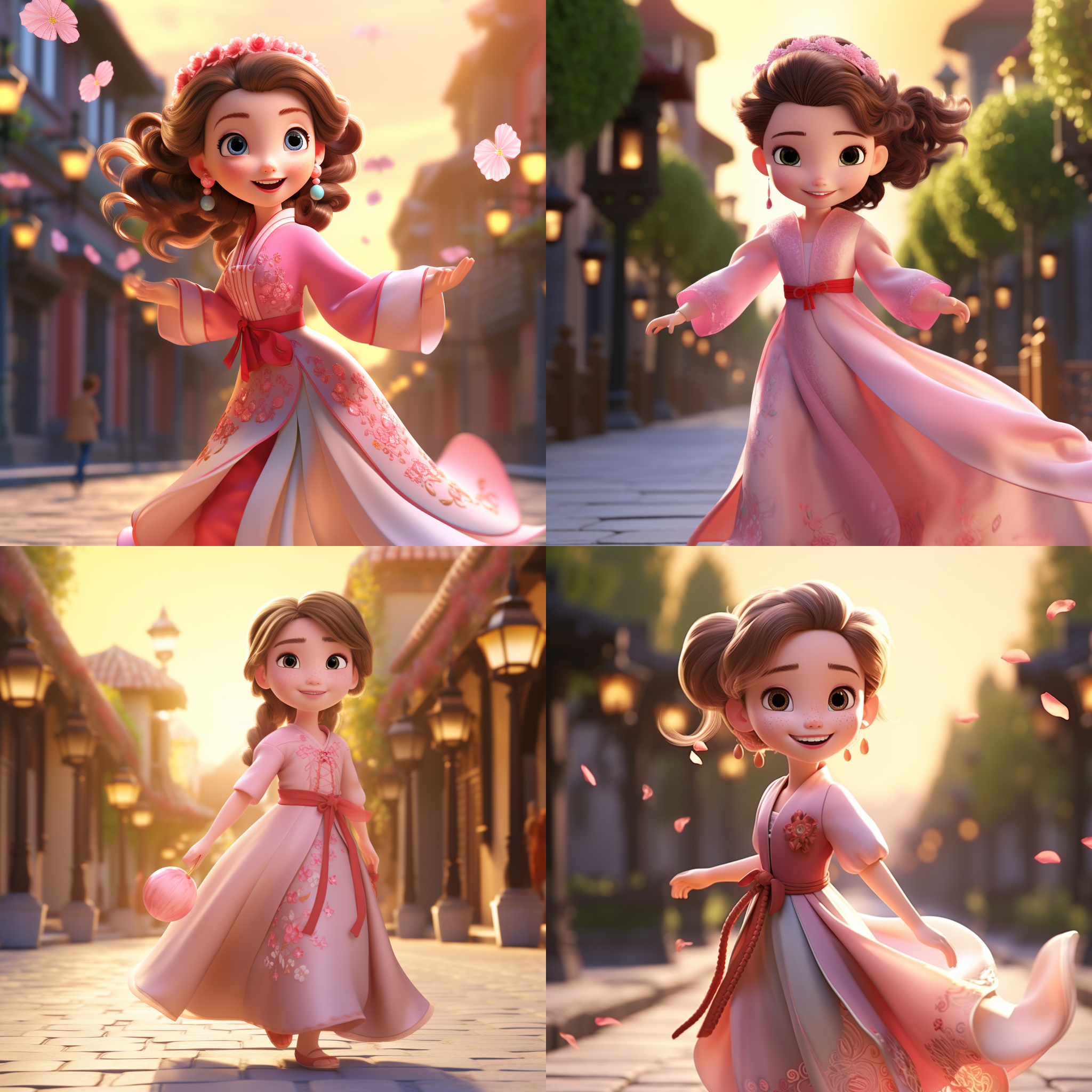 一个治愈系可爱卡通女孩，粉色中国汉服，迷人微笑，在林荫大道上行走，阳光洒落在女孩的身上，高清，超细节，8k分辨率，迪士尼风格，皮克斯风格