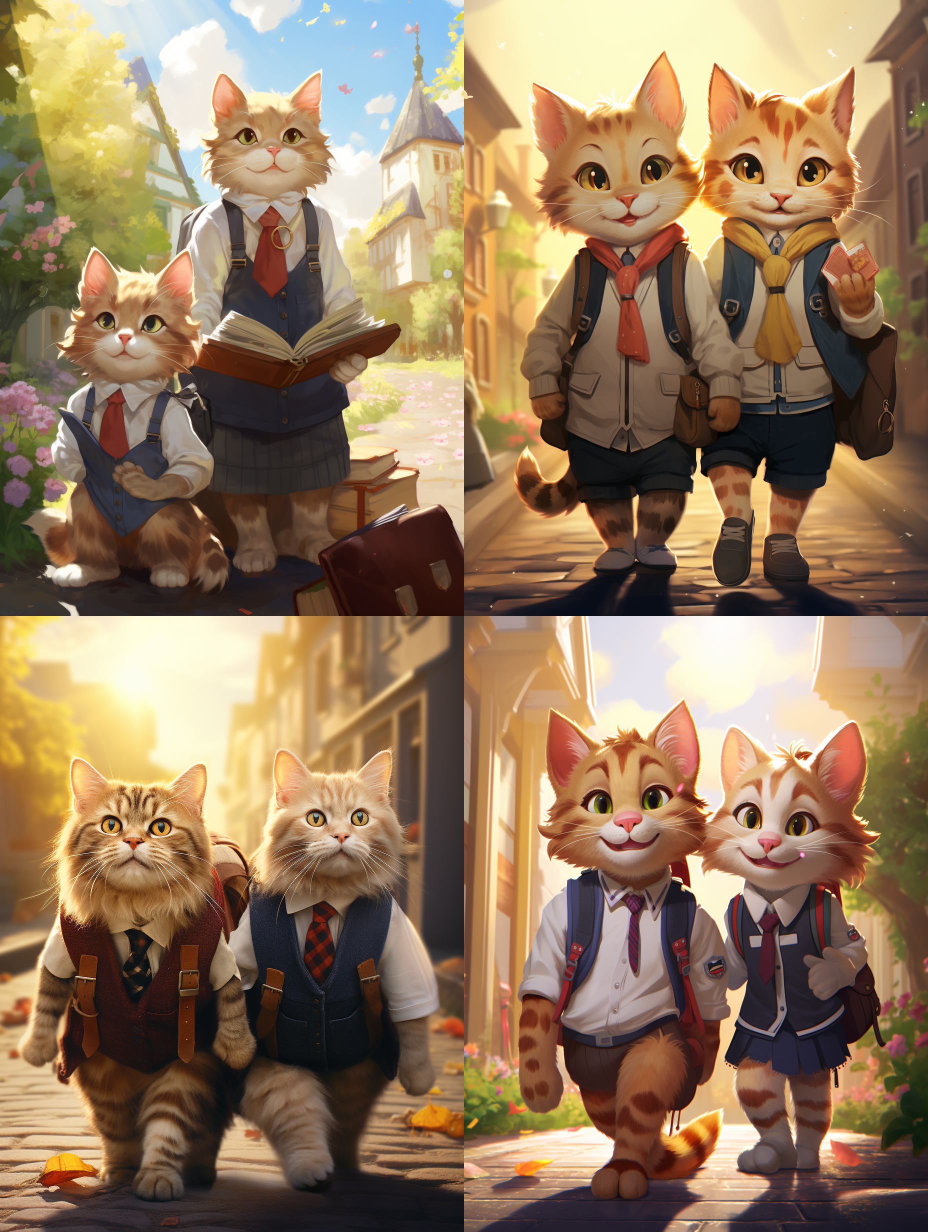 两只猫穿校服，情侣，背包，微笑，阳光，温暖，real。