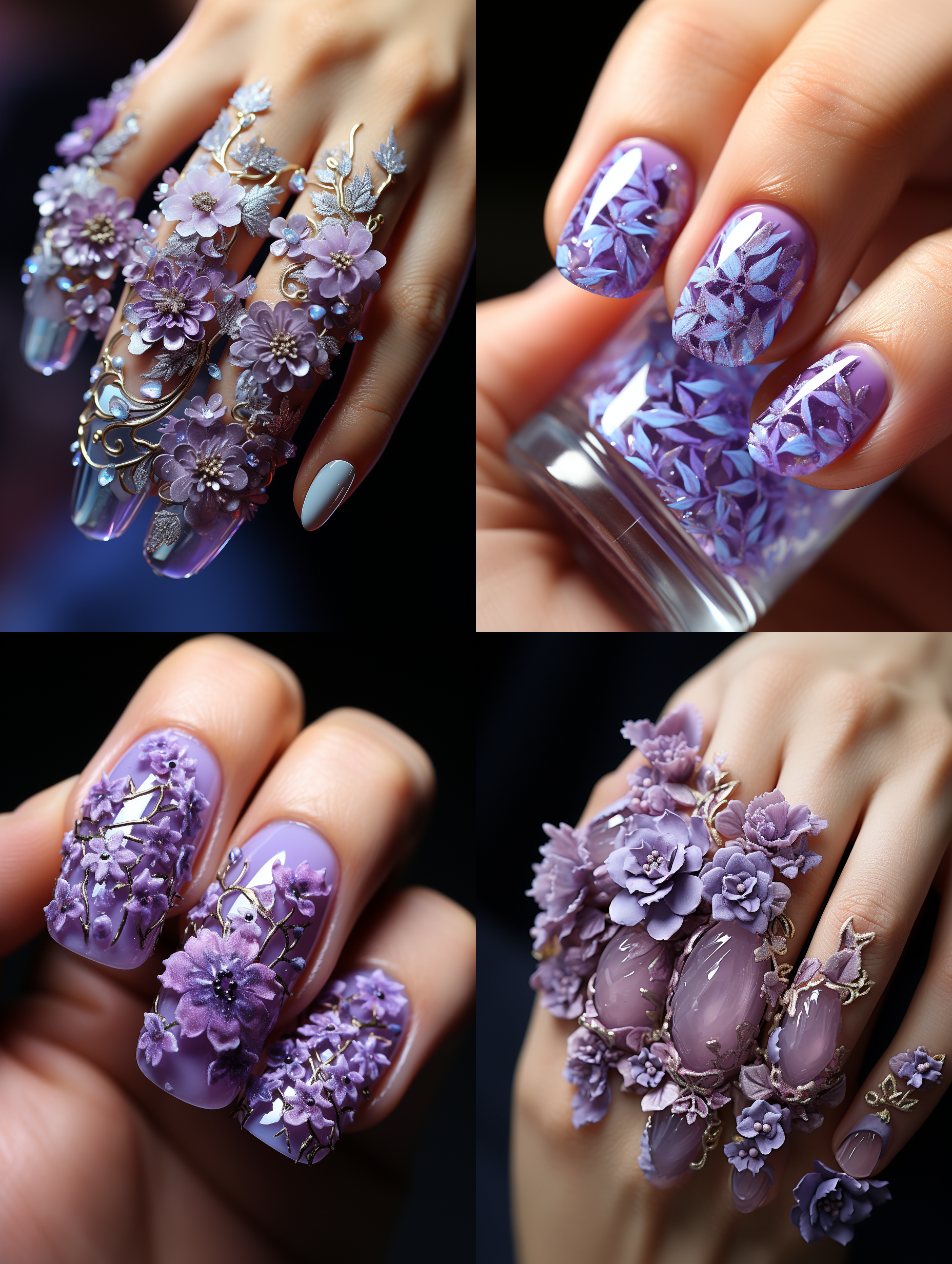 美女的手指甲上做了白色和紫色冰晶花为造型的美甲