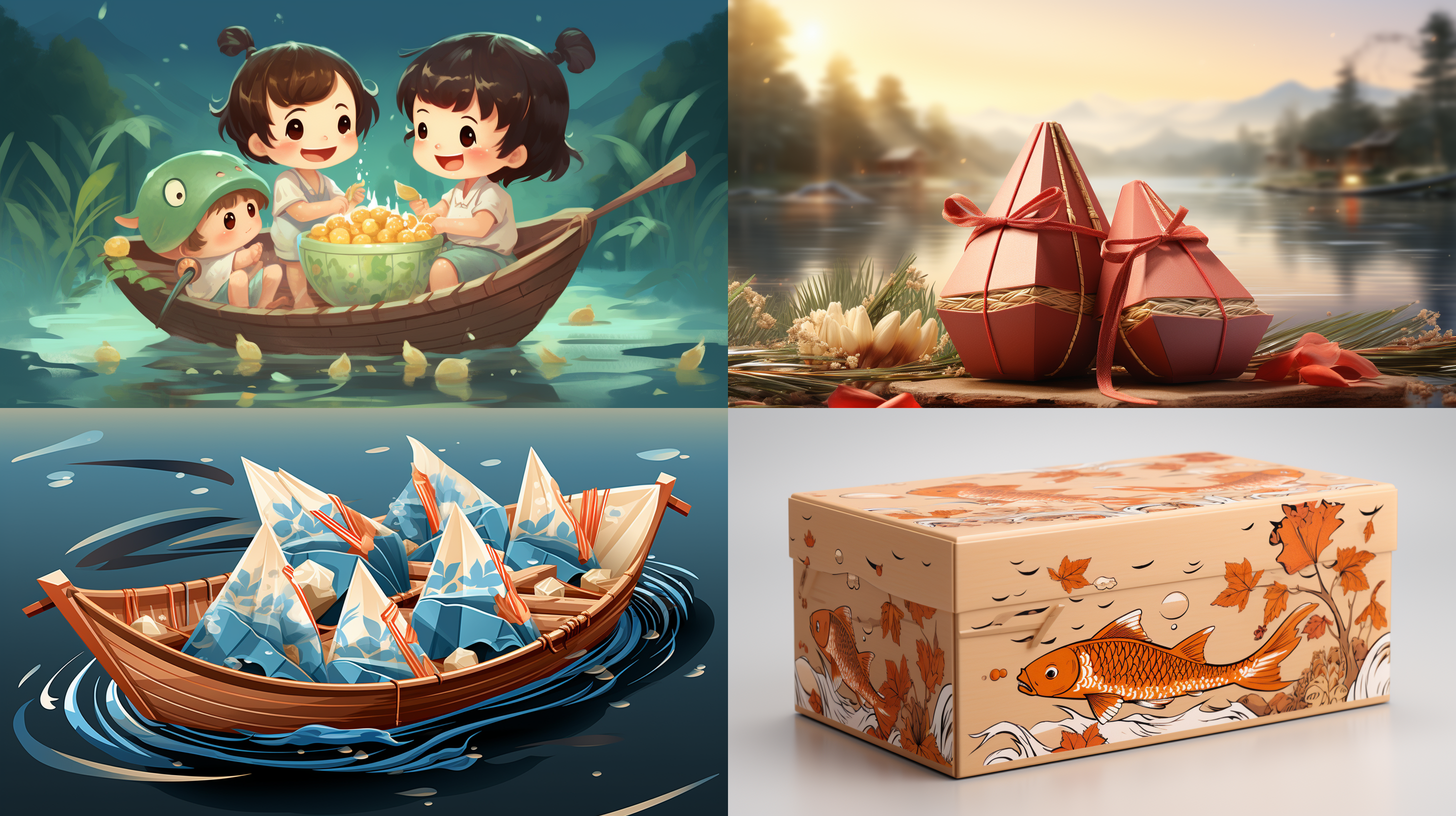 粽子礼盒插画，儿童风，龙舟，水波纹