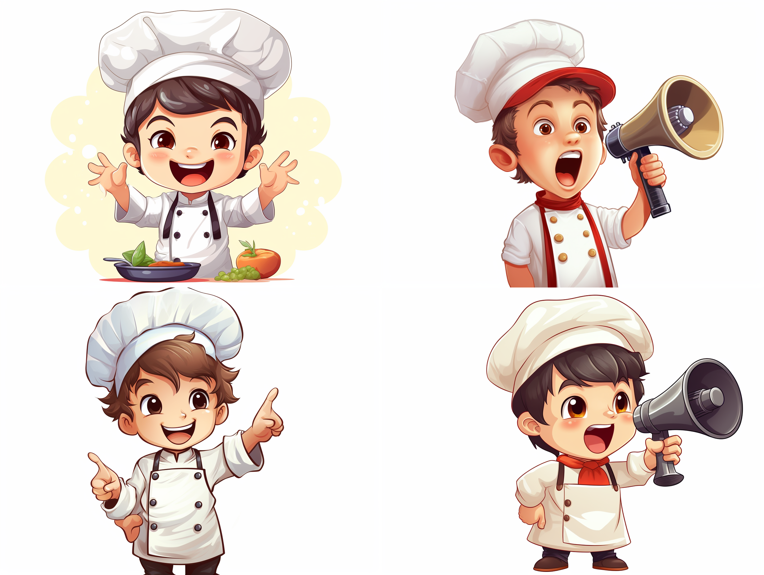 一个小厨师举着喇叭喊，矢量高清插图，白色背景，等构。