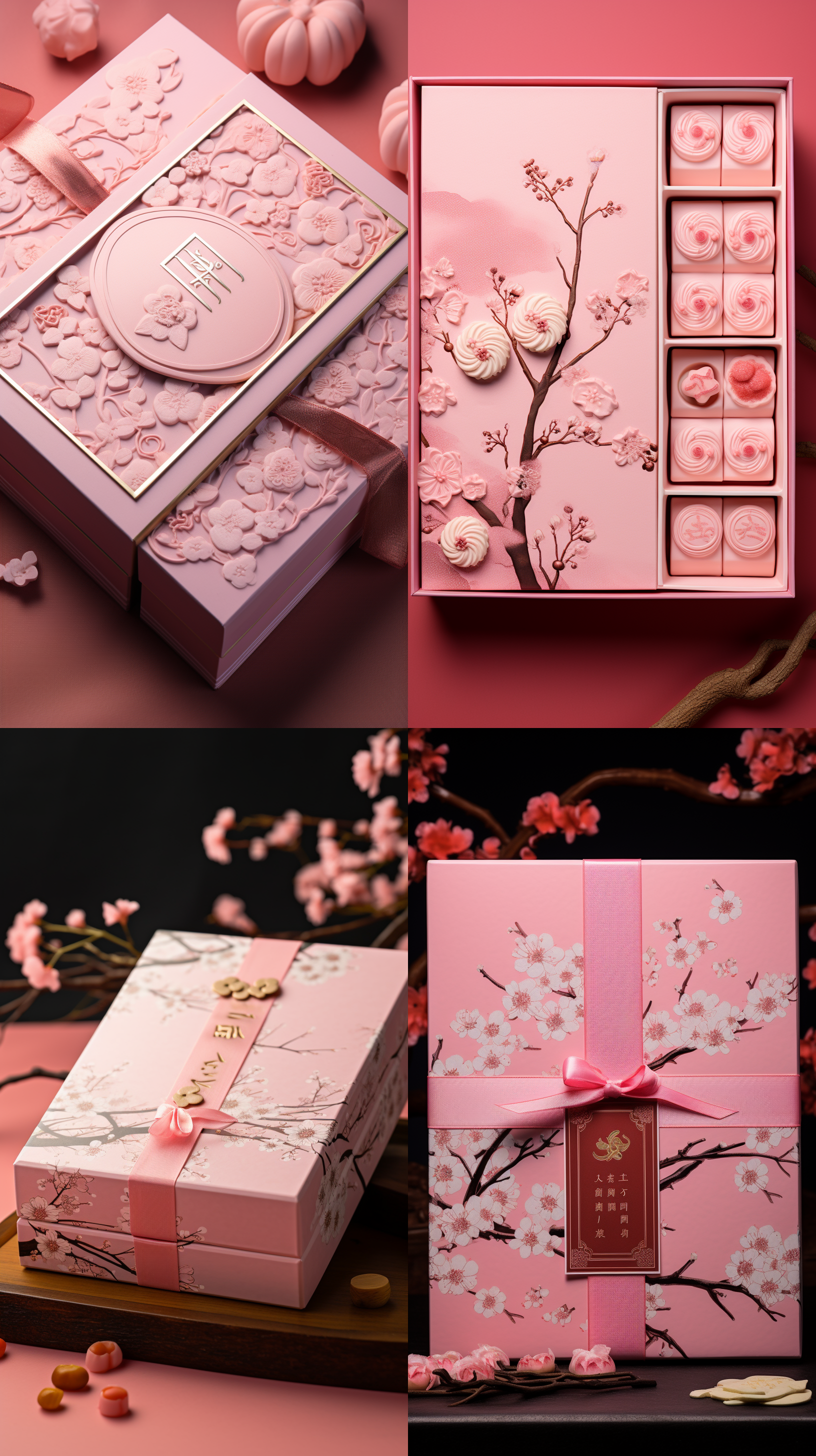 一款糕点礼盒，中国风，粉色，画面高档，具备同类包装差异化，纯色背景