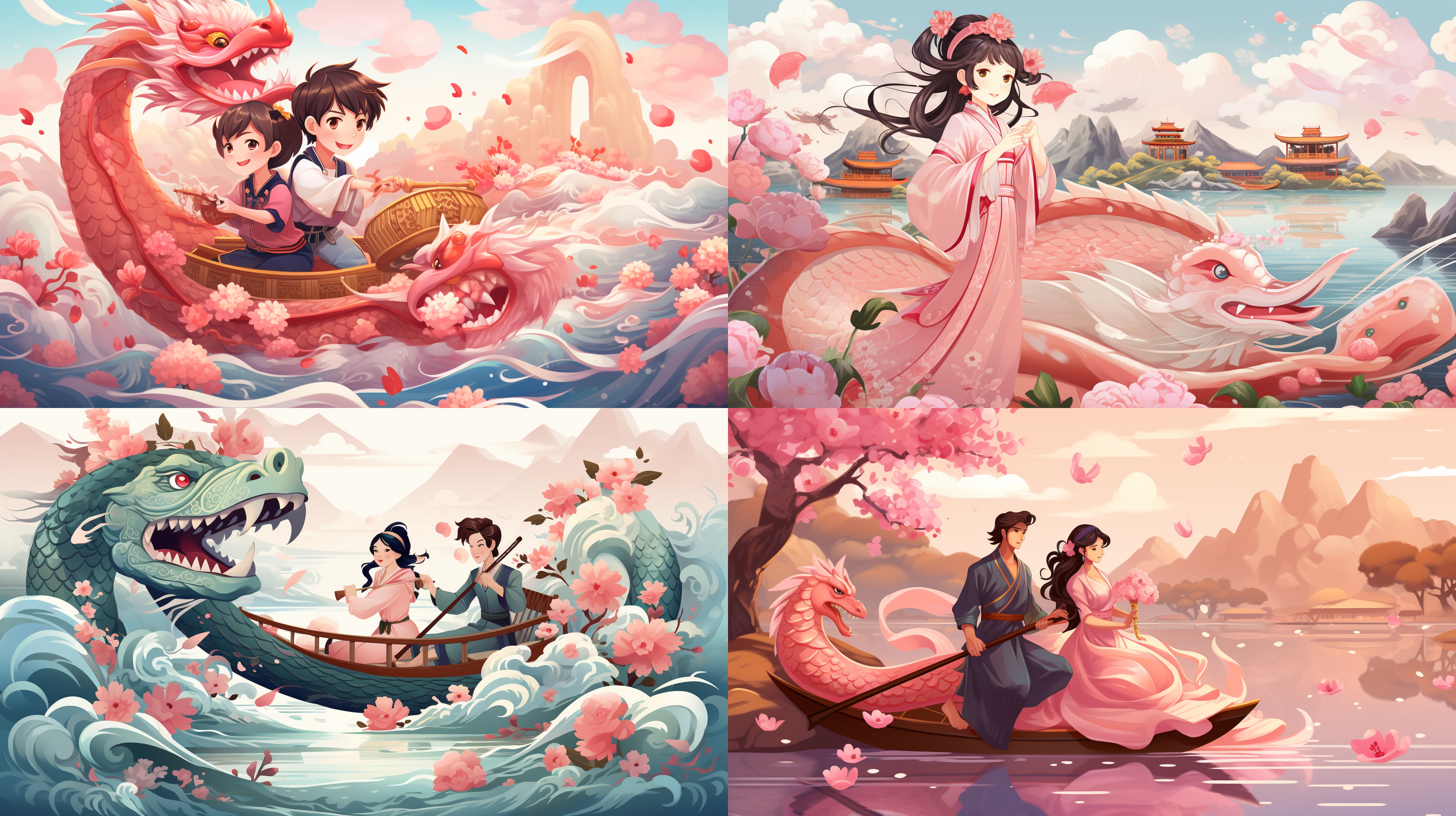 端午节插画，儿童风格，粉色龙舟和穿着汉服的龙女，荷花，水波纹