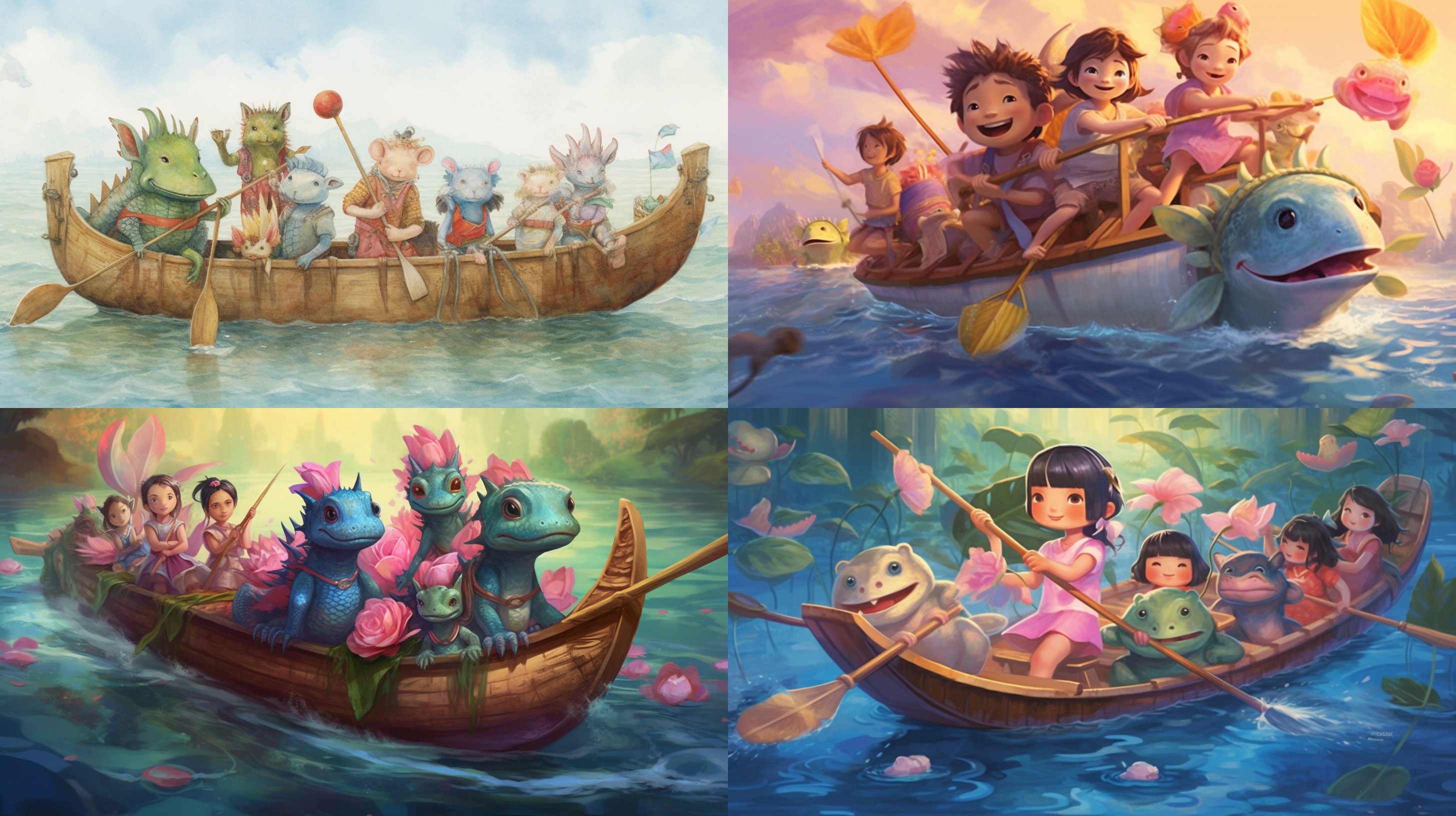 粽子像山一样高，龙舟在荷花里，穿汉服的可爱小孩划龙舟，粉色和蓝色的可爱龙盘旋在空中