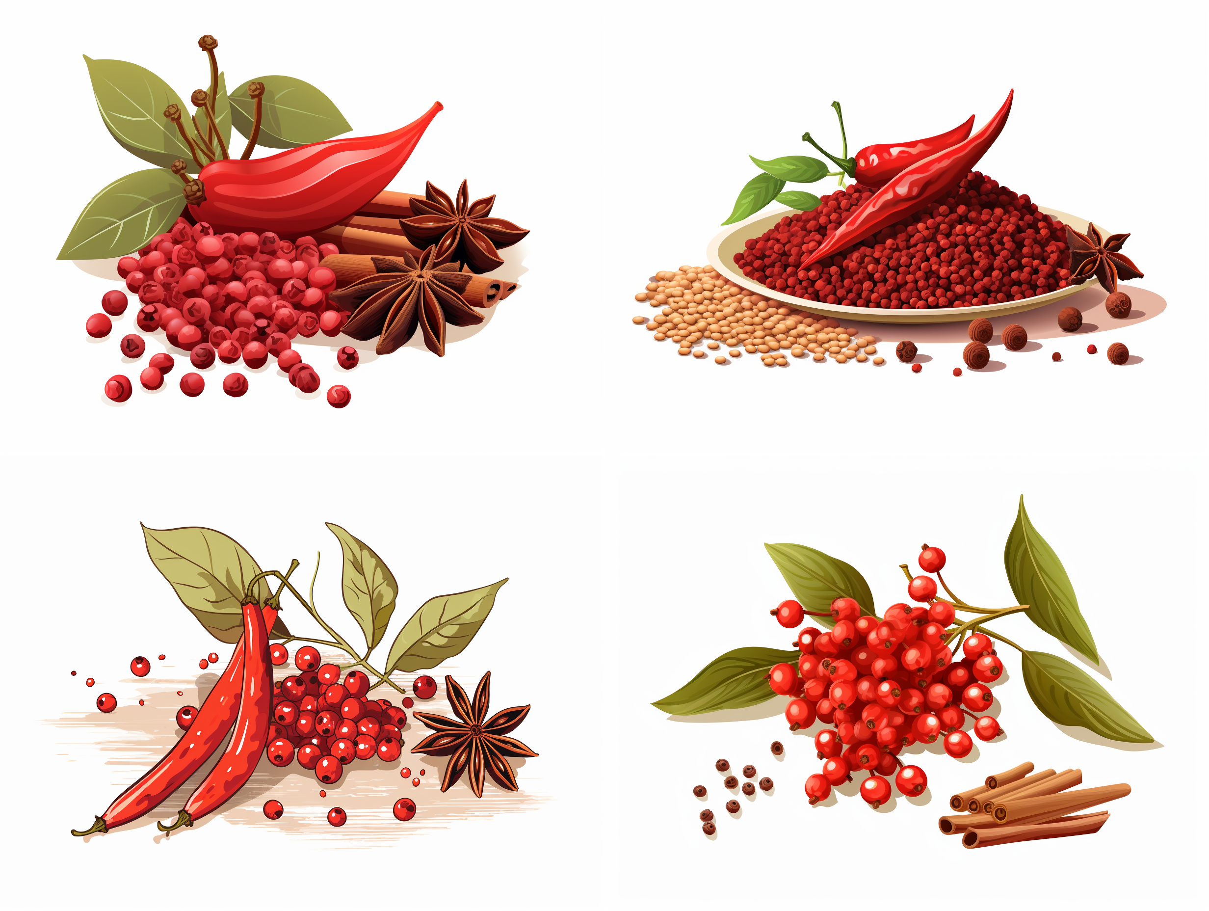 花椒和辣椒放在一起，矢量高清插图，白色背景，等构。