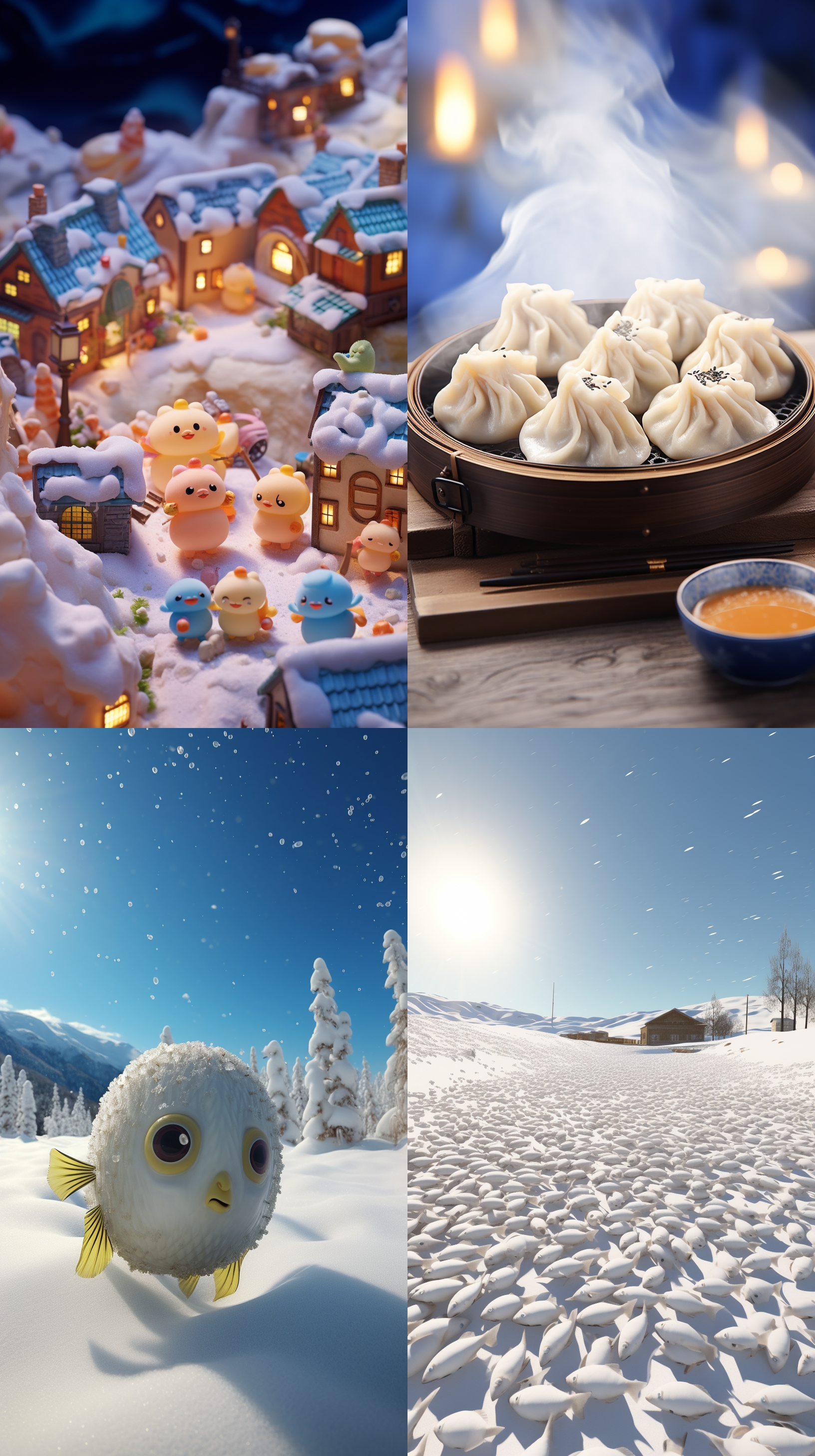 雪景中的微观世界，鱼游动在水饺之间。清晰焦距，大光圈，冰雪环境，白色主调，镜头下的细节，活泼，生动，诱人。 超高分辨率
