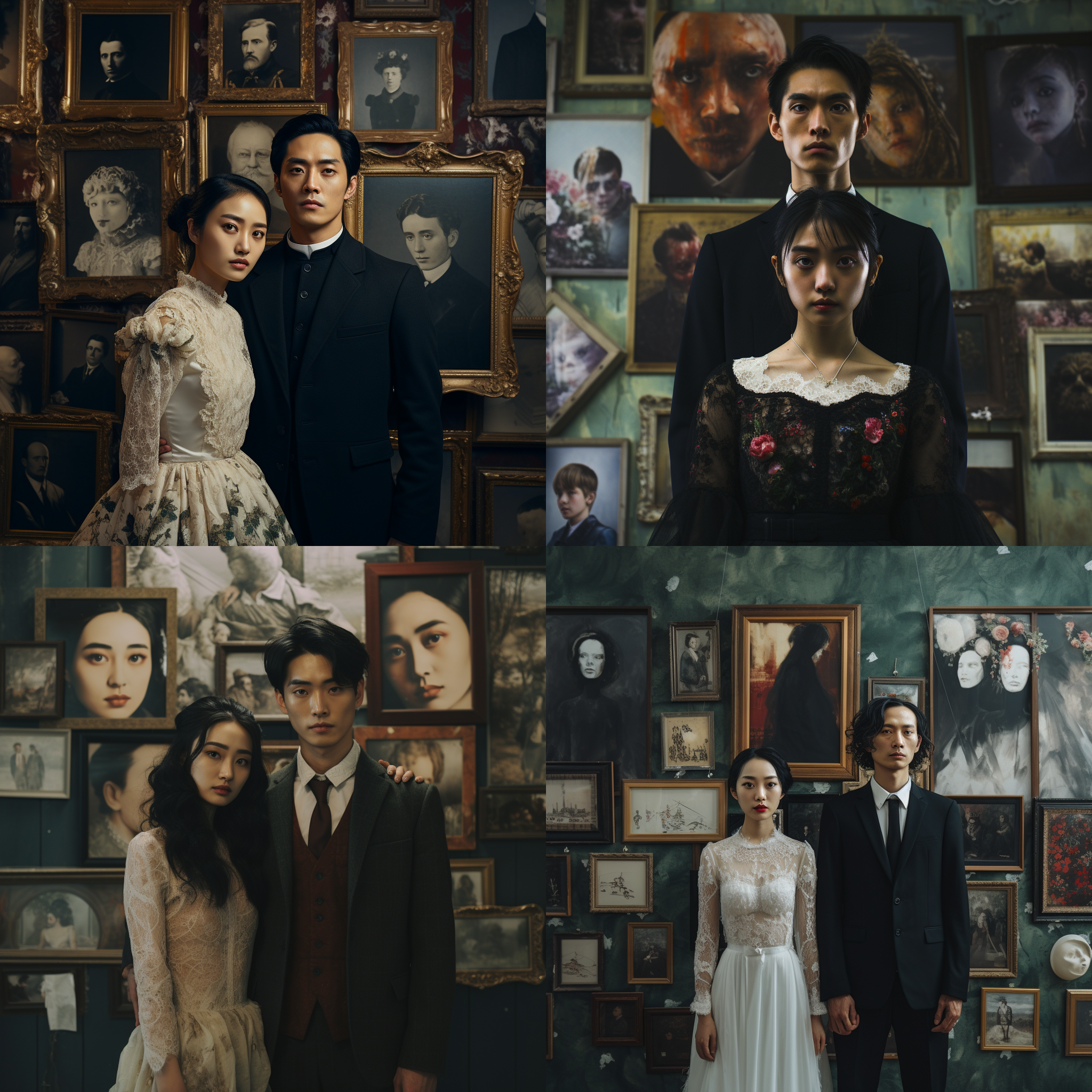 a man and woman in wedding attire standing next to each other in front of a wall with pictures on it, movie still, a poster, ai xuan, international gothic