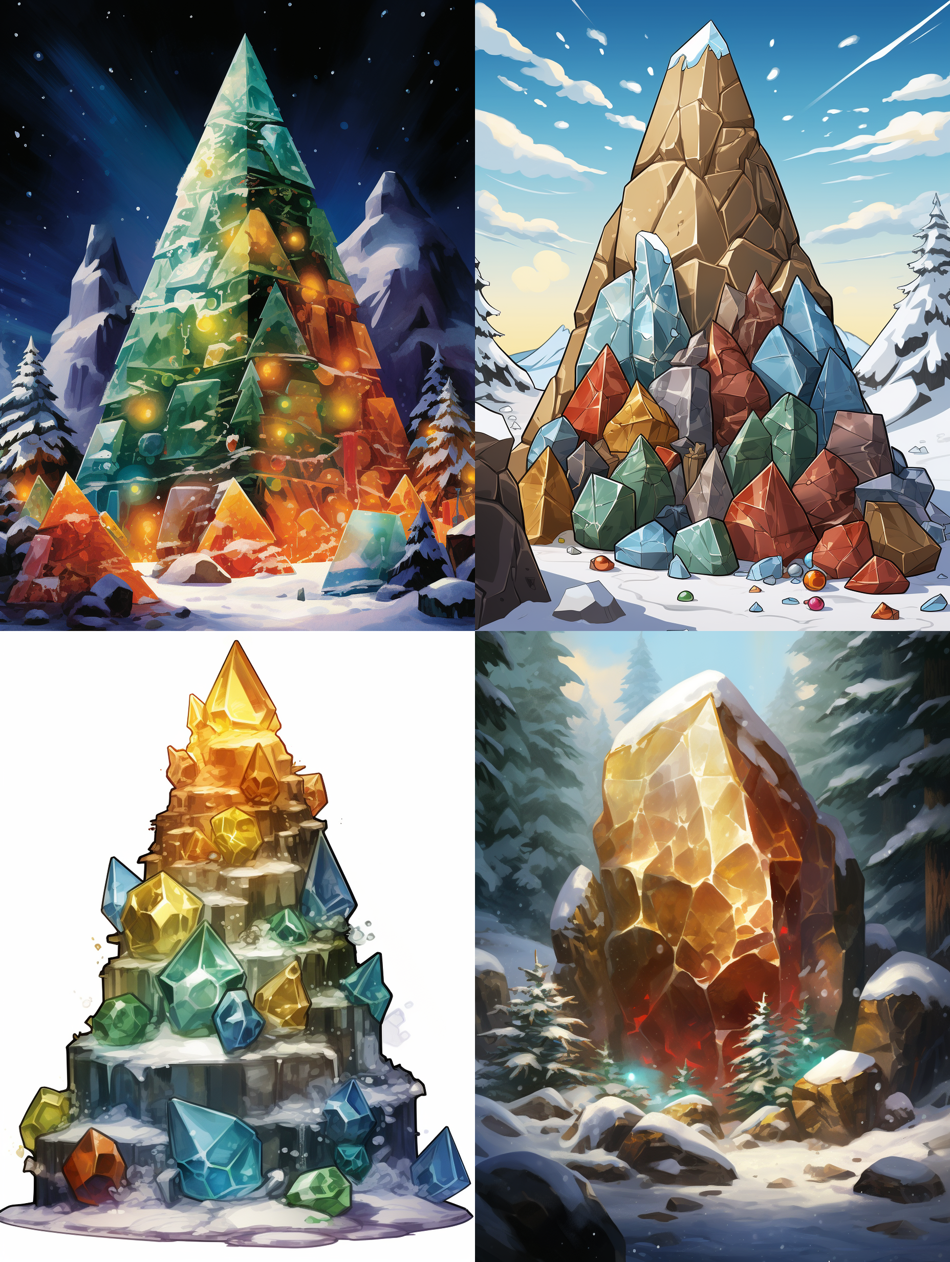 画一颗圣诞树，树下面堆满了水晶、矿物晶体和各种古生物和化石