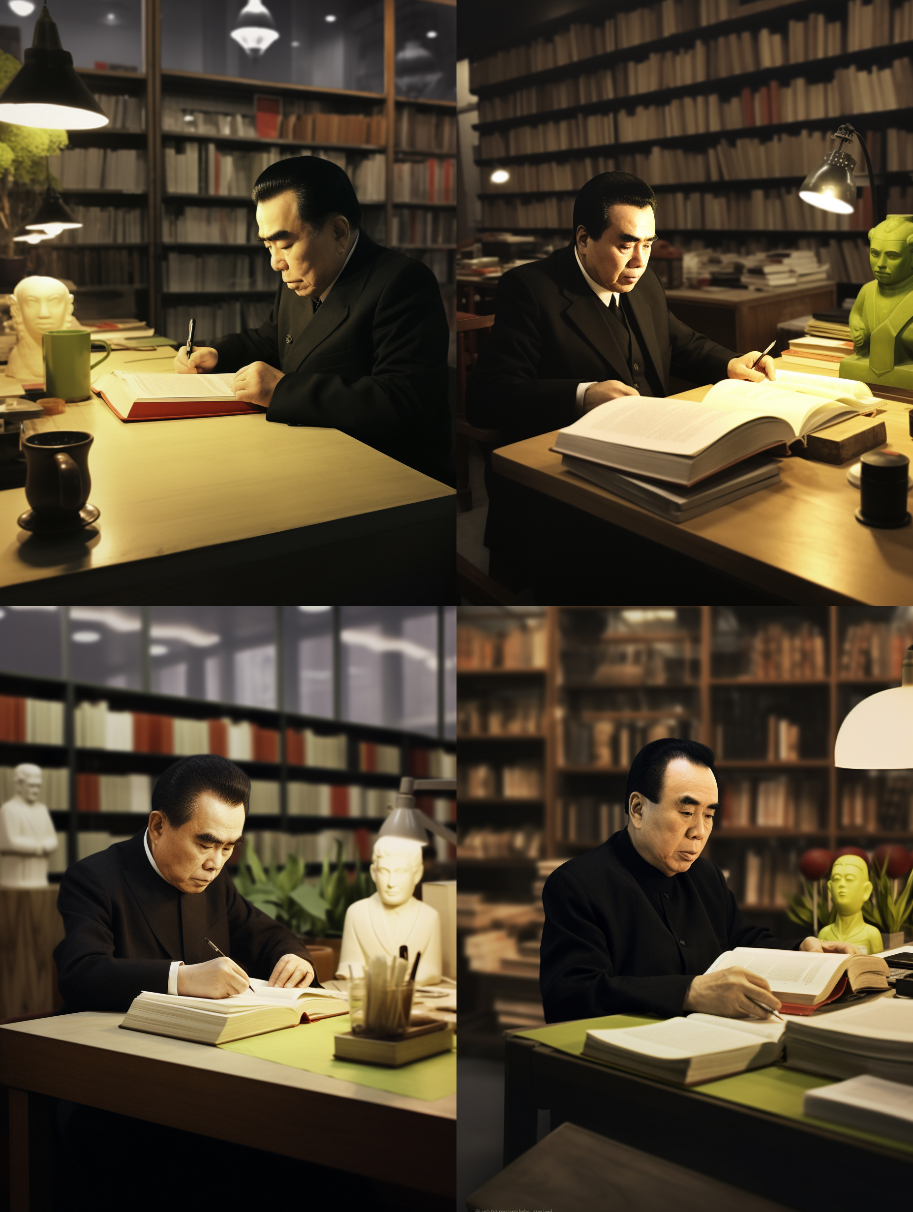 一位50多岁的中年高级领导坐在桔香书屋的办公桌前在看书学习，穿着黑色中山装，浓眉大眼，在聚精会神地埋头读书，桌上有一很多书和批阅的文件，书柜书架，老式白色布艺沙发，台灯，光线柔和，从窗户外射进来的光束，超写真专业，顶级的专业摄影布光打光的效果，顶级的画质和清晰度，8k清晰度，大文件，