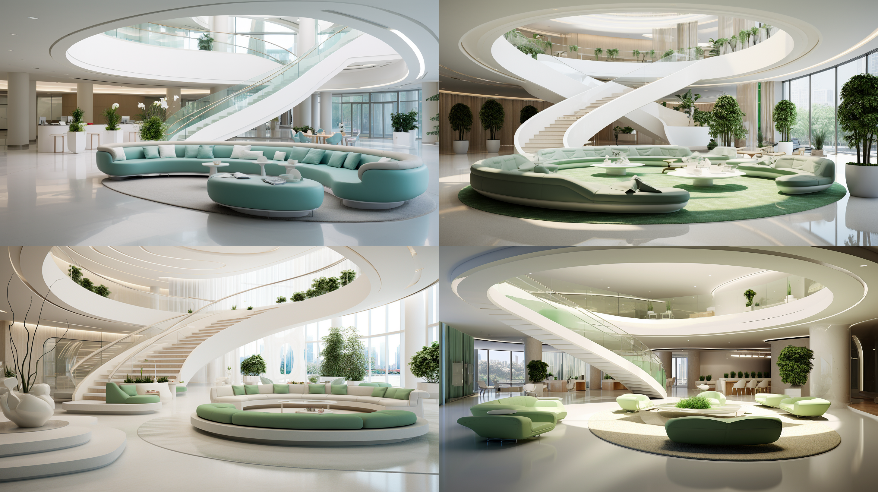 公司前厅，100平方米，有接待台，有背景墙，有休闲沙发，单层，层高较高，现代风，非常有科技感，专业，高端，极简，洁净，明亮，白色为主，浅绿色点缀，一定的弧形造型，不要过于鲜艳的颜色，不要楼梯，不要过多木色，不要太夸张的造型，不要有过多植物