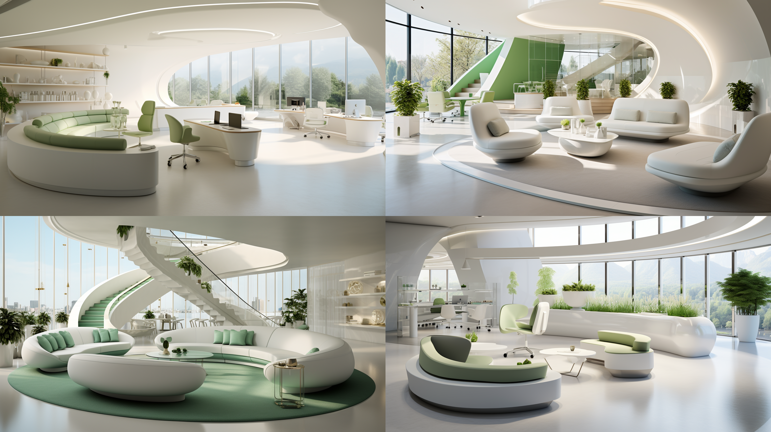 导诊区，有导诊台和背景墙，有沙发，单层，层高较高，现代风，非常有科技感，专业，高端，极简，洁净，明亮，白色为主，浅绿色点缀，一定的弧形造型；不要有过于鲜艳和太黑的颜色，不要有楼梯，不要有过多木色，不要有太夸张的造型，不要有过多植物