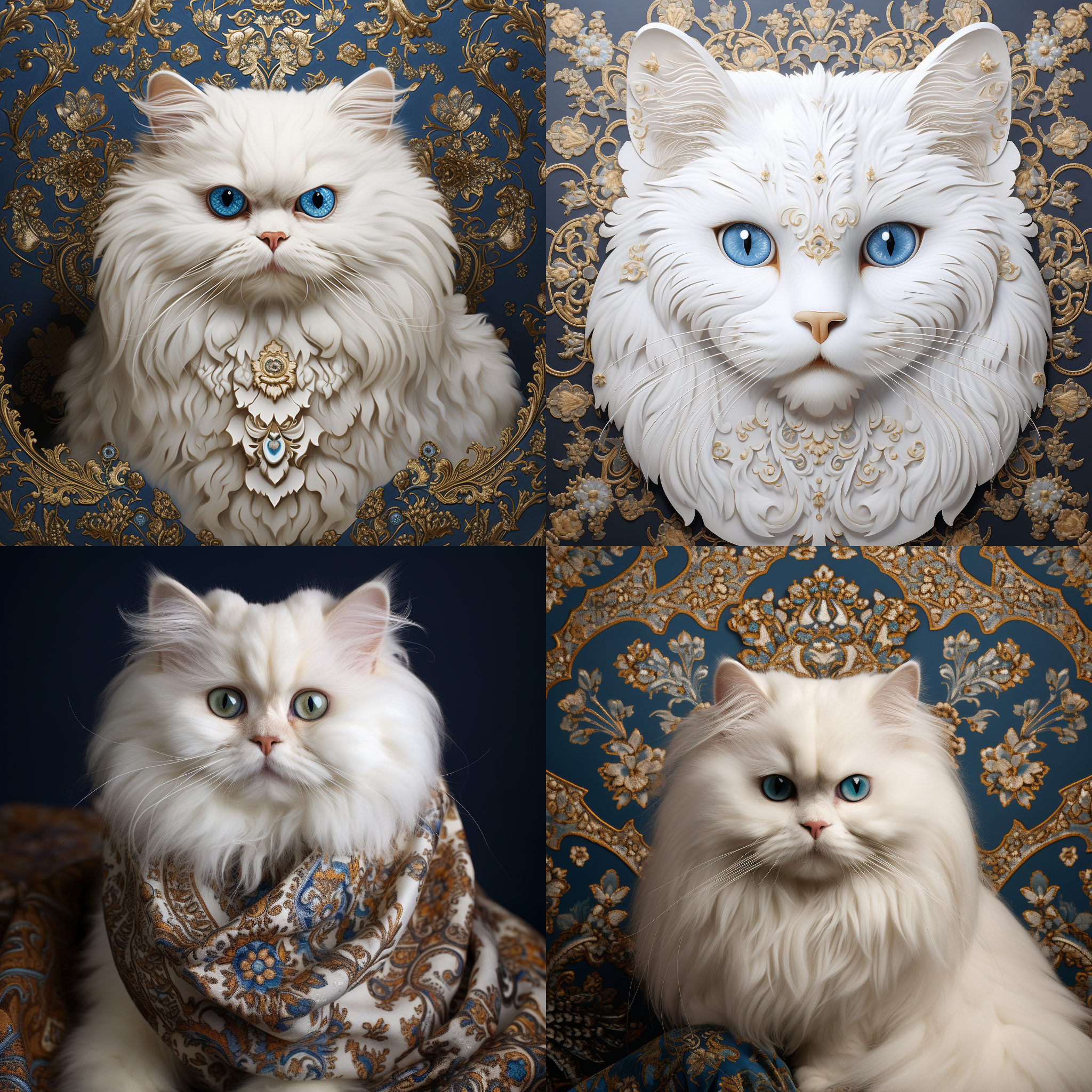 一只栩栩如生的白色波斯猫，有着金色的花纹，拉近镜头只出现猫的头，湛蓝的眼睛