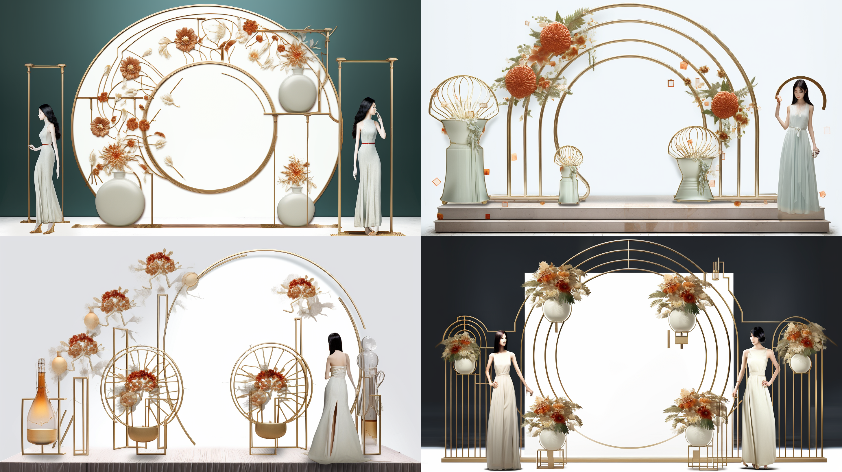 婚庆道具 屏风设计 亚光金属质感 配合鲜花装饰 高级 简约 有质感 高分辨率 写实 照片 真实 室内